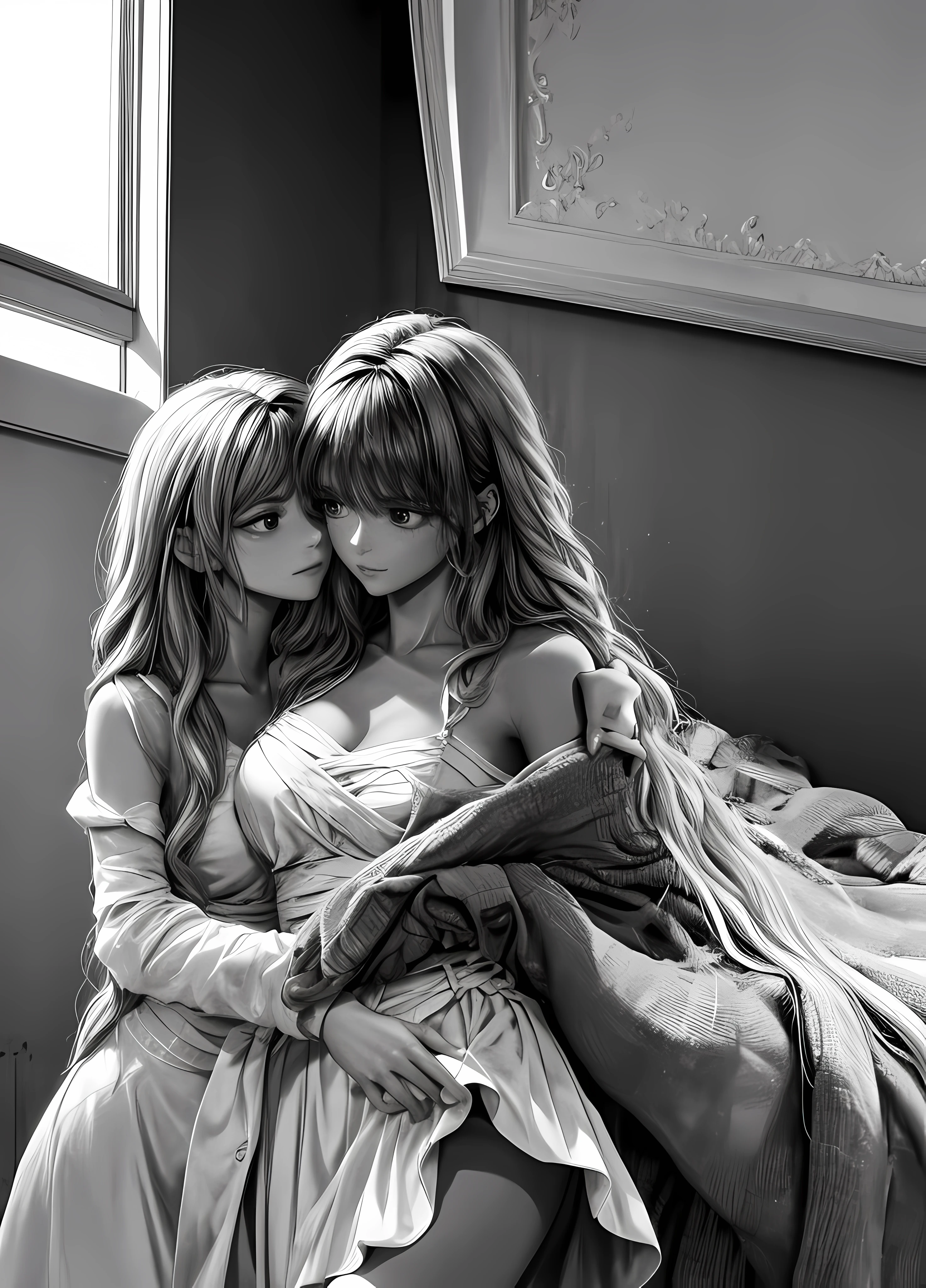 This is an illustration of a young girl holding her hands around the stomach of a woman. The woman has long, wavy hair that cascades down her back and onto her shoulders. She wears a white dress with thin straps and a high neckline. The girl stands behind the woman, looking up at her with admiration in her eyes. Her arms are wrapped protectively around the woman's waist as if she were protecting something precious to them both.
The image is black and white, giving it an abstract feel that emphasizes the emotion between these two characters. It appears to be drawn by hand using pencils or charcoal sticks, creating delicate lines that bring out details like strands of hair or folds in clothing fabric. There is no background visible in this picture; instead, all focus is on the two figures standing together in solidarity against whatever life throws their way.