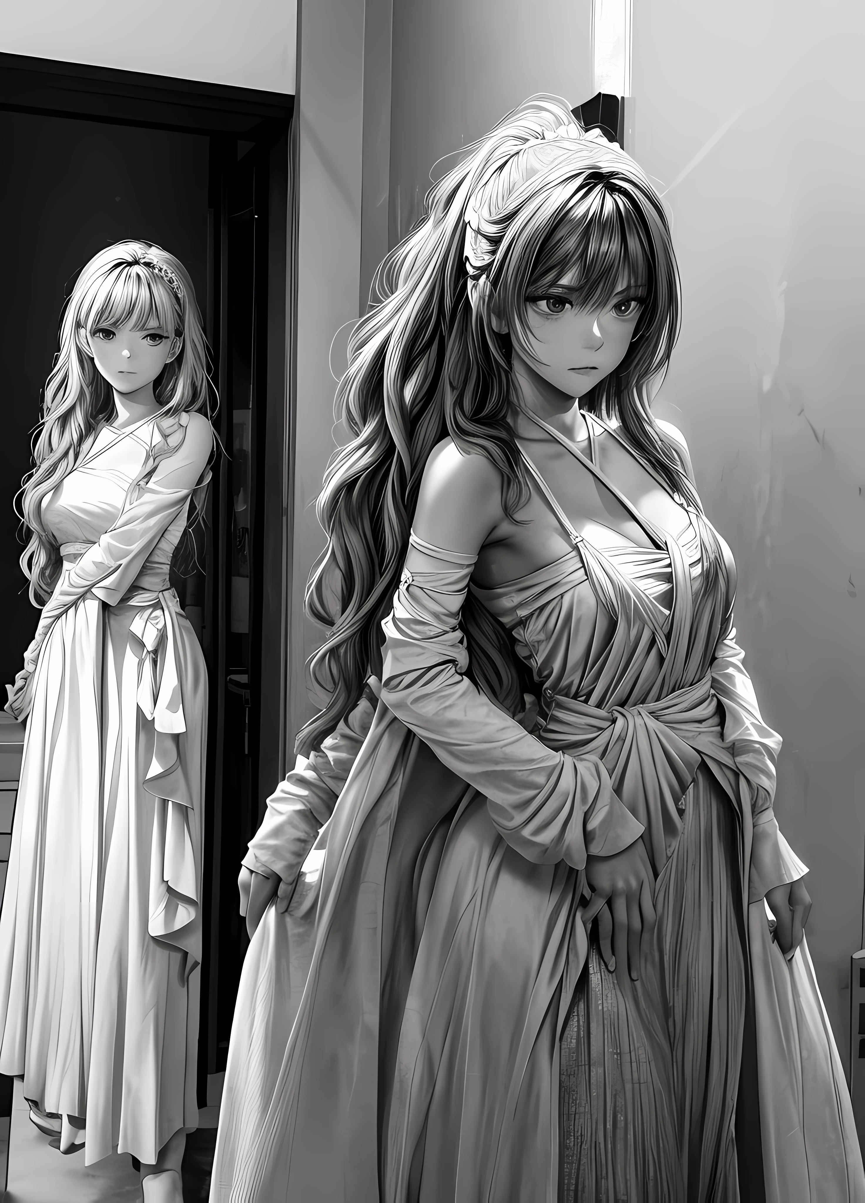 This is an illustration of a young girl holding her hands around the stomach of a woman. The woman has long, wavy hair that cascades down her back and onto her shoulders. She wears a white dress with thin straps and a high neckline. The girl stands behind the woman, looking up at her with admiration in her eyes. Her arms are wrapped protectively around the woman's waist as if she were protecting something precious to them both.
The image is black and white, giving it an abstract feel that emphasizes the emotion between these two characters. It appears to be drawn by hand using pencils or charcoal sticks, creating delicate lines that bring out details like strands of hair or folds in clothing fabric. There is no background visible in this picture; instead, all focus is on the two figures standing together in solidarity against whatever life throws their way.