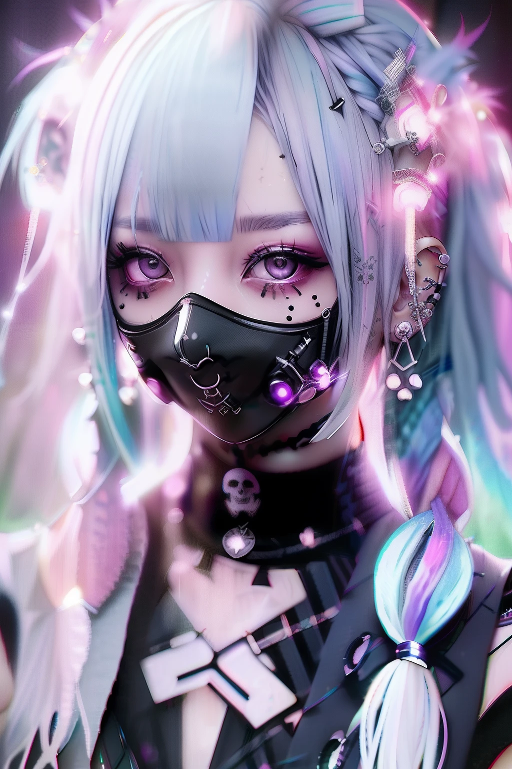 skull、☠️、Green hair color、❤️、Pink hair、blue hairs、Colorful Hair Color、goth_punk, 1girl in, 独奏, medium shot, Walking in Harajuku, ((during night)), bokeh dof, Neon light, Iridescent eyes, starrysky, White shiny hair, White eyebrows, Radiant hair, (iridescent white hair), 耳Nipple Ring, bangss, jewely, masks, bluntbangs, verd s eyes, Mouth mask, blurry backround, bblurry, hair adornments, Look at viewers, shorth hair, portraitures, side locks