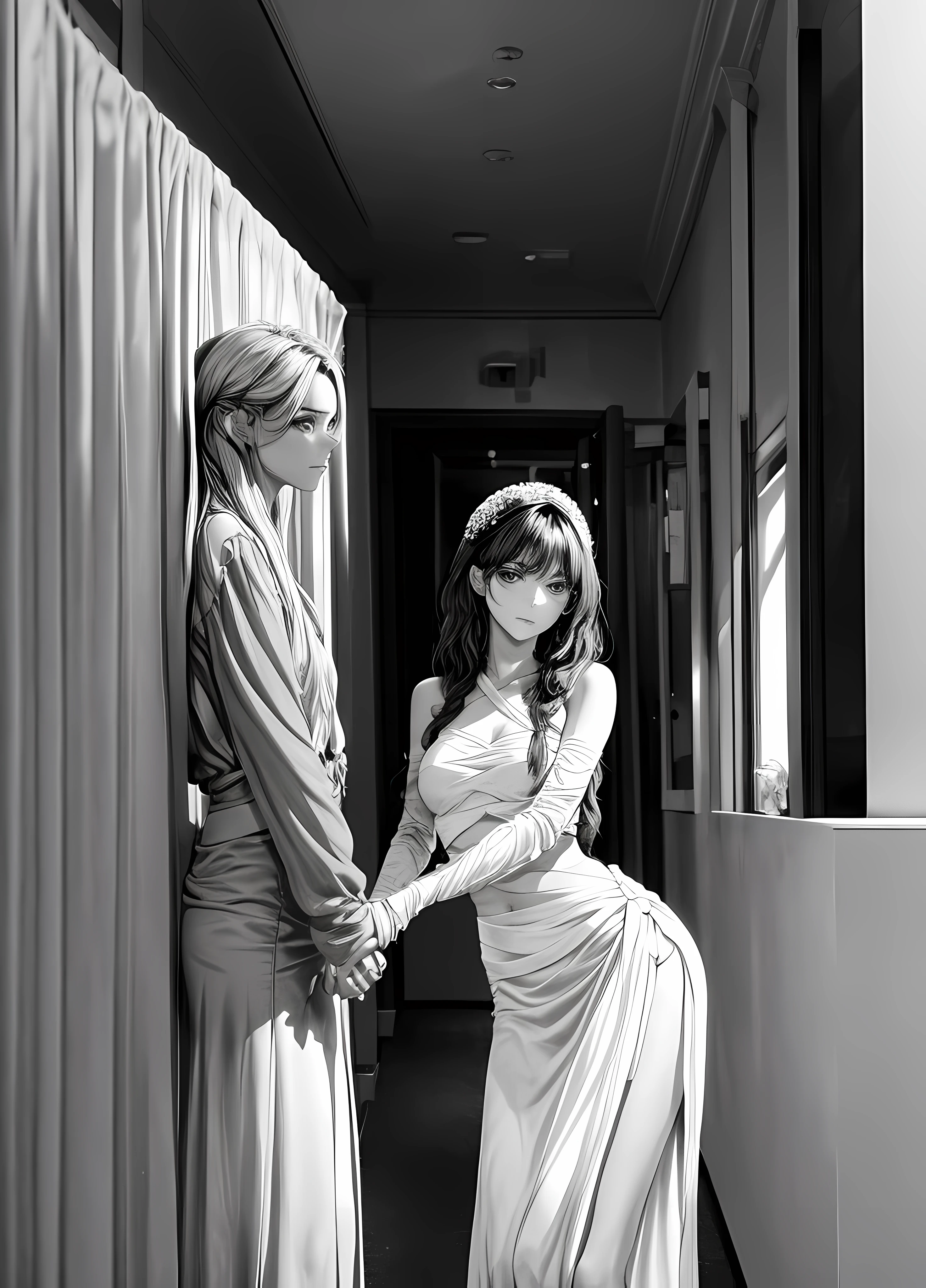 This is an illustration of a young girl holding her hands around the stomach of a woman. The woman has long, wavy hair that cascades down her back and onto her shoulders. She wears a white dress with thin straps and a high neckline. The girl stands behind the woman, looking up at her with admiration in her eyes. Her arms are wrapped protectively around the woman's waist as if she were protecting something precious to them both.
The image is black and white, giving it an abstract feel that emphasizes the emotion between these two characters. It appears to be drawn by hand using pencils or charcoal sticks, creating delicate lines that bring out details like strands of hair or folds in clothing fabric. There is no background visible in this picture; instead, all focus is on the two figures standing together in solidarity against whatever life throws their way.
