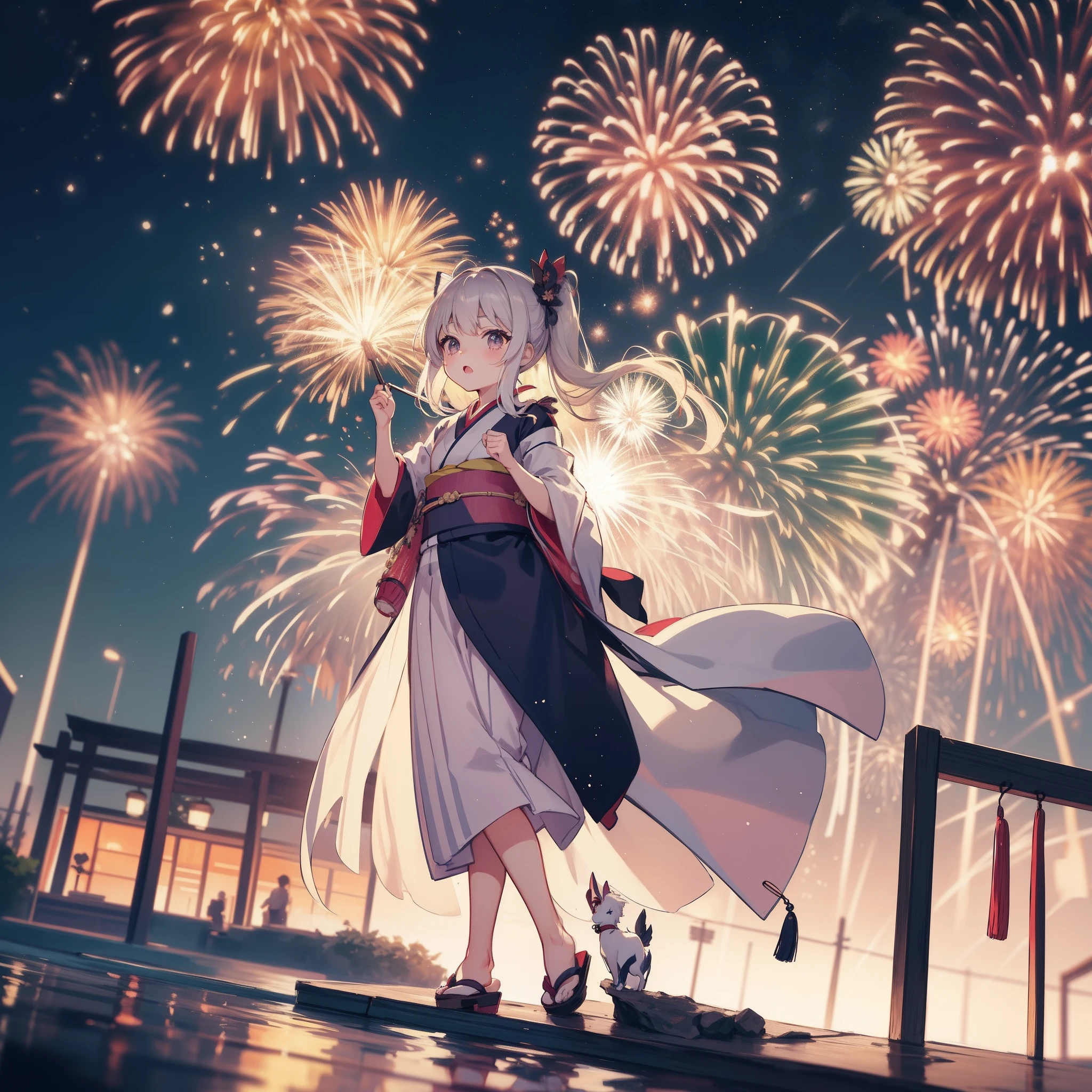 Chibi:1.8,girls,Kimono,Girl in Yukata,Blowing in the wind,Summer Festivals,BRAKE night:1.5,food stand,scenery reflected in the water,BRAKE Spirit Stream,Big  Fireworks:1.7,Fireworks in the night sky:1.8,poney Tail,action:1.6,BRAKE dynamic pose,dynamic angle,ground-level shot,low angle,full body shot,long shot,BRAKE (masutepiece: 1.3), (exquisite detailing: 1.2), Delicate and beautiful details, (Eye Detail), (Facial Detailed), (Highest Quality) :1.4), (Hyper-Resolution: 1.2), (very detailed illustration),Best Quality,depth of fields, Wide light, natural shadows