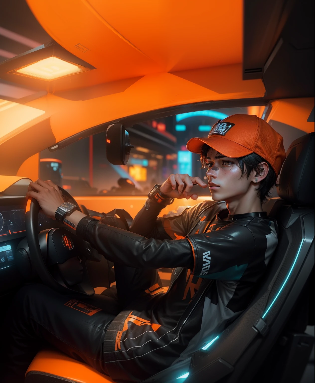 Cyberpunk boy,Realistic face,ultra realistic face,same background,4ksame shirt,cap on head,same face,only shirt colour orange,same background colour,clear face,black background,clear face,no blur face,realistic face