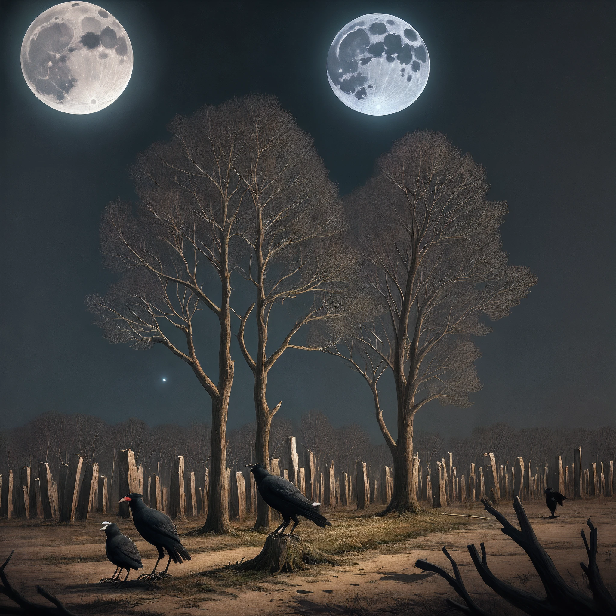 Night moonlight row of dead trees crows