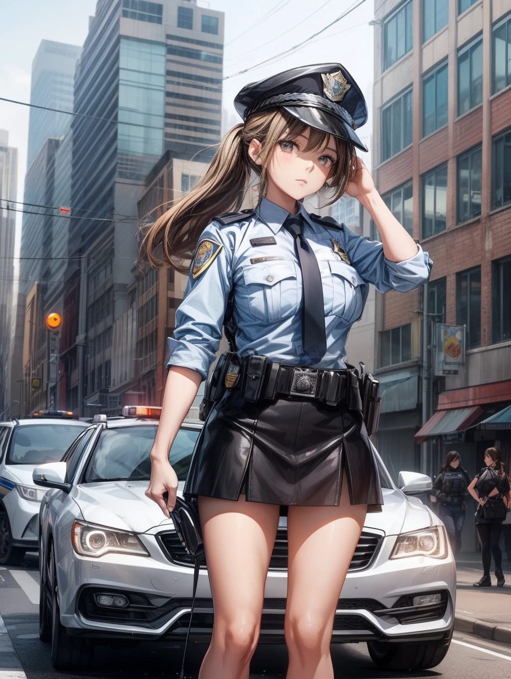 Drooping eyes, realistic skin, Female Police officer, skirt, (wearing panties with emphasis on high-quality rendering realistic details and textures, showing off her panties), 