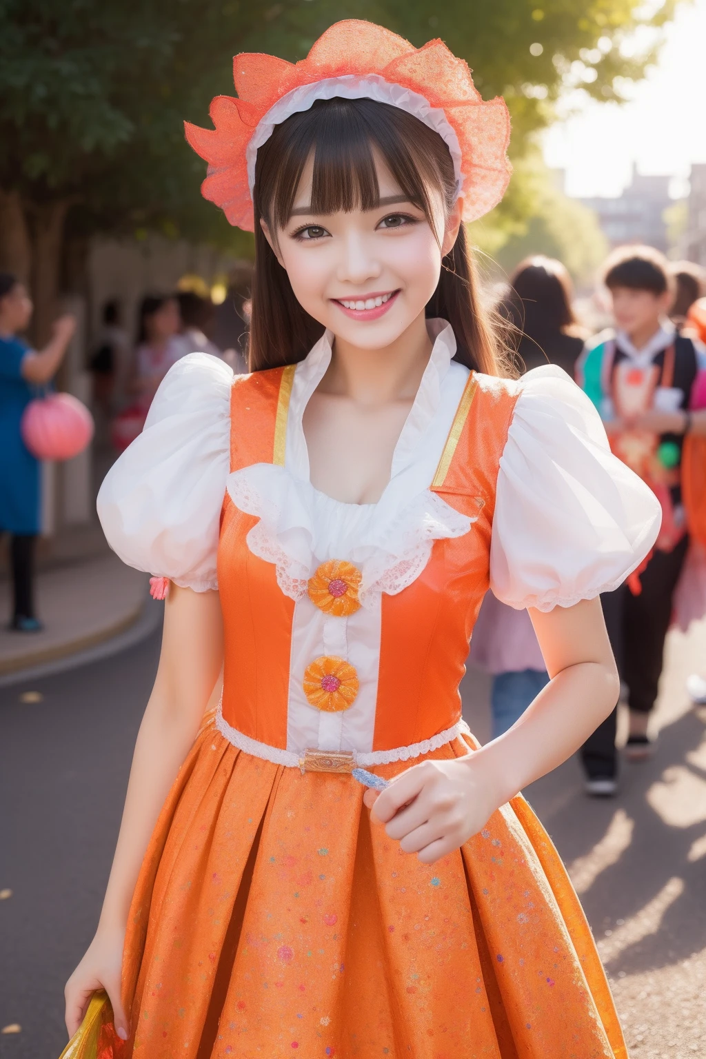 best quality,masterpiece,realistic,female,kind smile,Professional,extreme detail description,Vivid Colors,Bokeh,physically-based rendering,blurry background,simple background,HDR,UHD,8K,candy costume, vibrant colors, sweet motifs, trick-or-treating,