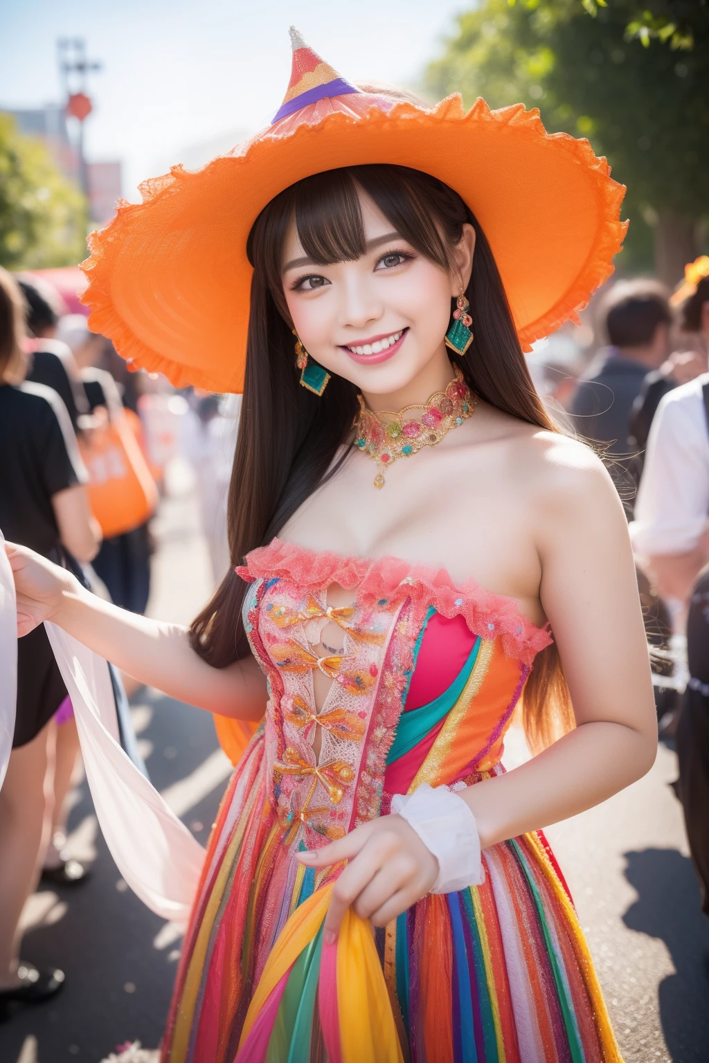 best quality,masterpiece,realistic,female,kind smile,Professional,extreme detail description,Vivid Colors,Bokeh,physically-based rendering,blurry background,simple background,HDR,UHD,8K,candy costume, vibrant colors, sweet motifs, trick-or-treating,