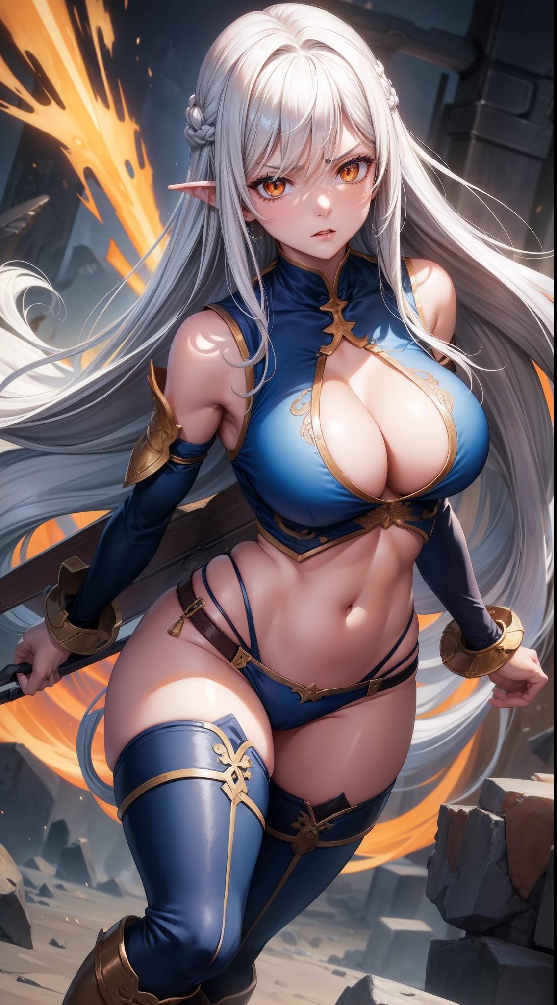 Adult woman, Long white hair, Orange Eyes, big breastes, open breasts, open belly, blue tight top, Iron sleeves, Iron boots, open thighs, brawn, anger, Masterpiece, hiquality
