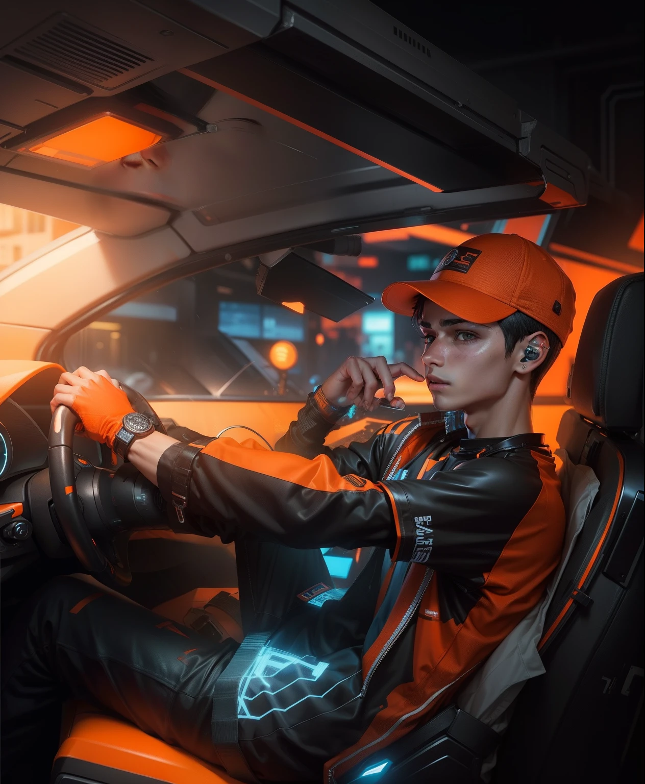 Cyberpunk boy,Realistic face,ultra realistic face,same background,4ksame shirt,cap on head,same face,only shirt colour orange,same background colour,clear face,black background