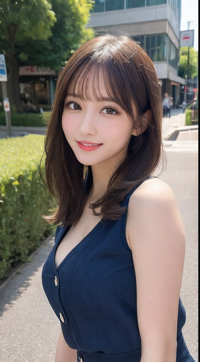 masutepiece, Best Quality, Illustration, Ultra-detailed, finely detail, hight resolution, 8K Wallpaper, Perfect dynamic composition, Beautiful detailed eyes, doress,Medium Hair, Big breasts, Emphasize the valley,Natural Color Lip, Random and sexy poses,Smile,Aoyama Street Walk、20 years girl