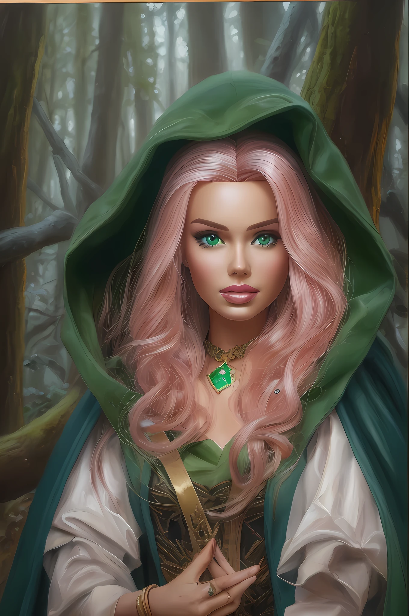 an oil painting of Barbie as fantasy ranger, ultra detailed face, ultra feminine, wearing green cloak, in  a forest, D&D art, RPG art, ultra best realistic, best details, best quality, 16k, [ultra detailed], masterpiece, best quality, (extremely detailed), ultra wide shot, photorealism, depth of field, hyper realistic painting