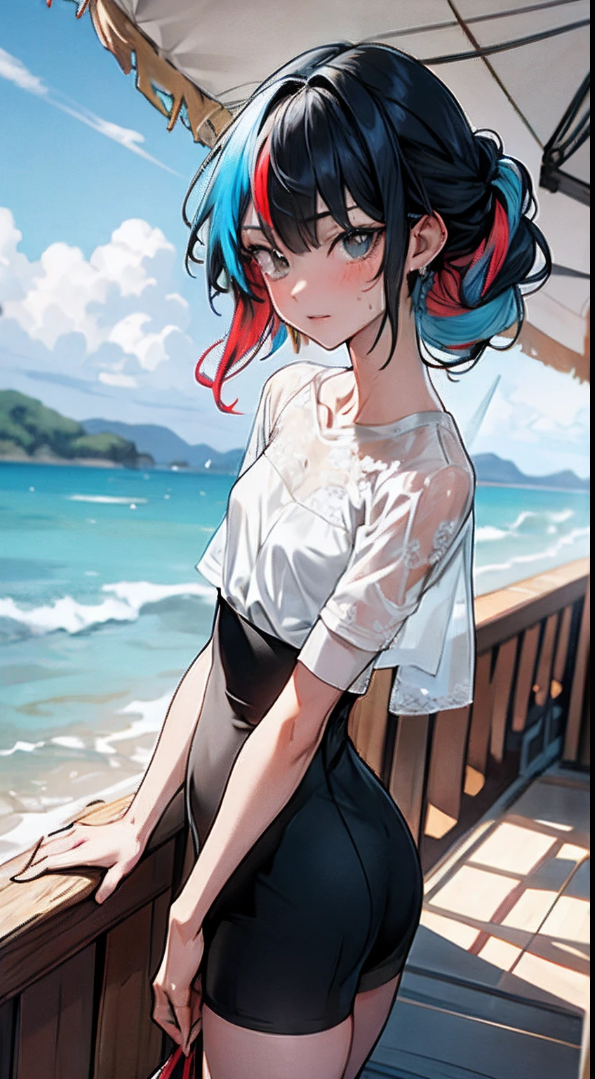 Top image quality、highestdetailed、masterpiece、
Background with:On board、Anime Art Style、
femele、Petite、Standing、After sunburn、expresive:Beautiful face、Thin eyebrows、Young Face、Sweating、
hairstyle on:French Twist、Longhaire、Multicolored hair color、
garments:Storm Jacket、see -through、Silk lace、ren、Short sleeves、
full body Esbian、Looking up at the viewer、