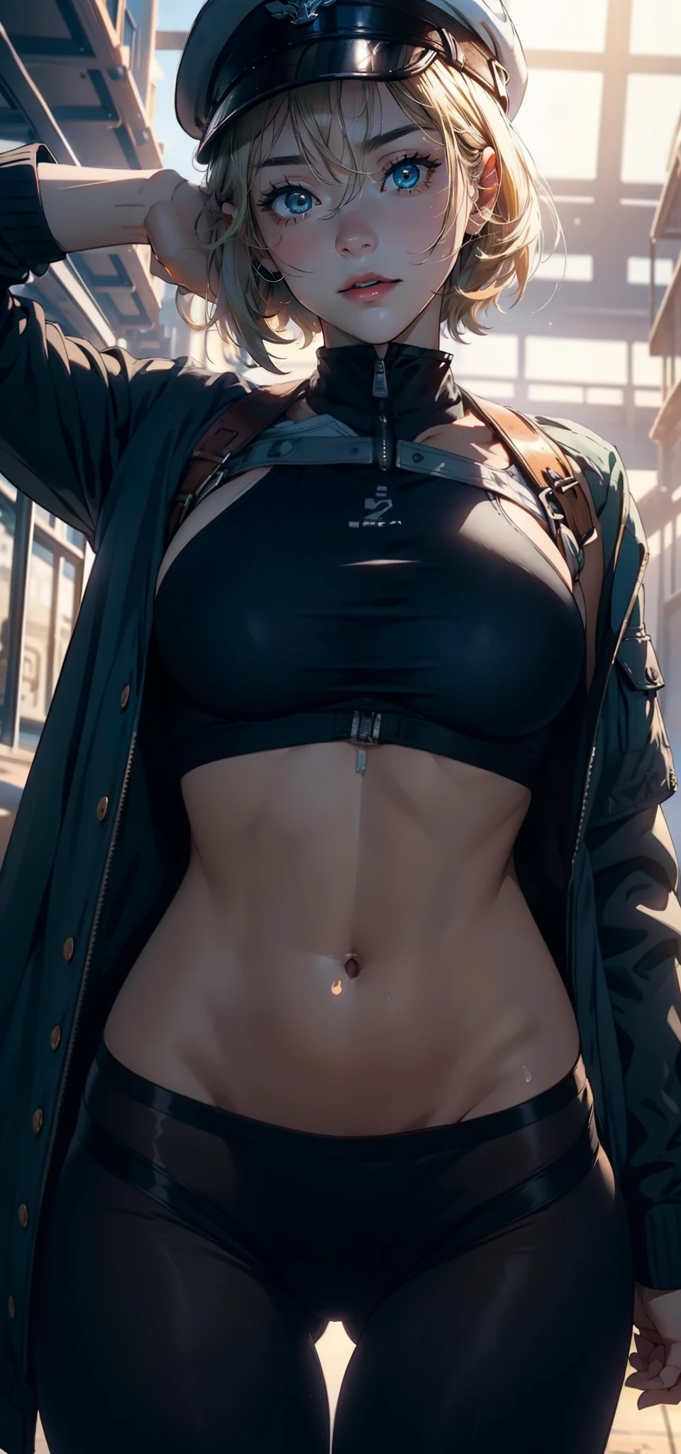 1female，35yo，plumw，extremely large bosom， 独奏，（Background with：A desert，aerodrome，Planes） She has very short blonde hair，bobo head，Stand on the plane，，seen from the front， hair straight， mostly cloudy sky，（（（tmasterpiece），（Very detailed CG unity 8K wallpaper），best qualtiy，cinmatic lighting，detailed back ground，beatiful detailed eyes，Bright pupils，Blue eyes，（Very fine and beautiful），（Beautiful and detailed eye description），ultra - detailed，tmasterpiece，）），facing at camera，A high resolution，ultra - detailed），revealing breasts，Bare genitalia，  Bulge，legs are open，Raised sexy，Camel toes，Flushed complexion，Desire for dissatisfaction，frontage，air force，Aviator，Sailor's cap（Wearing：Dark green baseball jacket，Black pantyhose，Bare breasts）