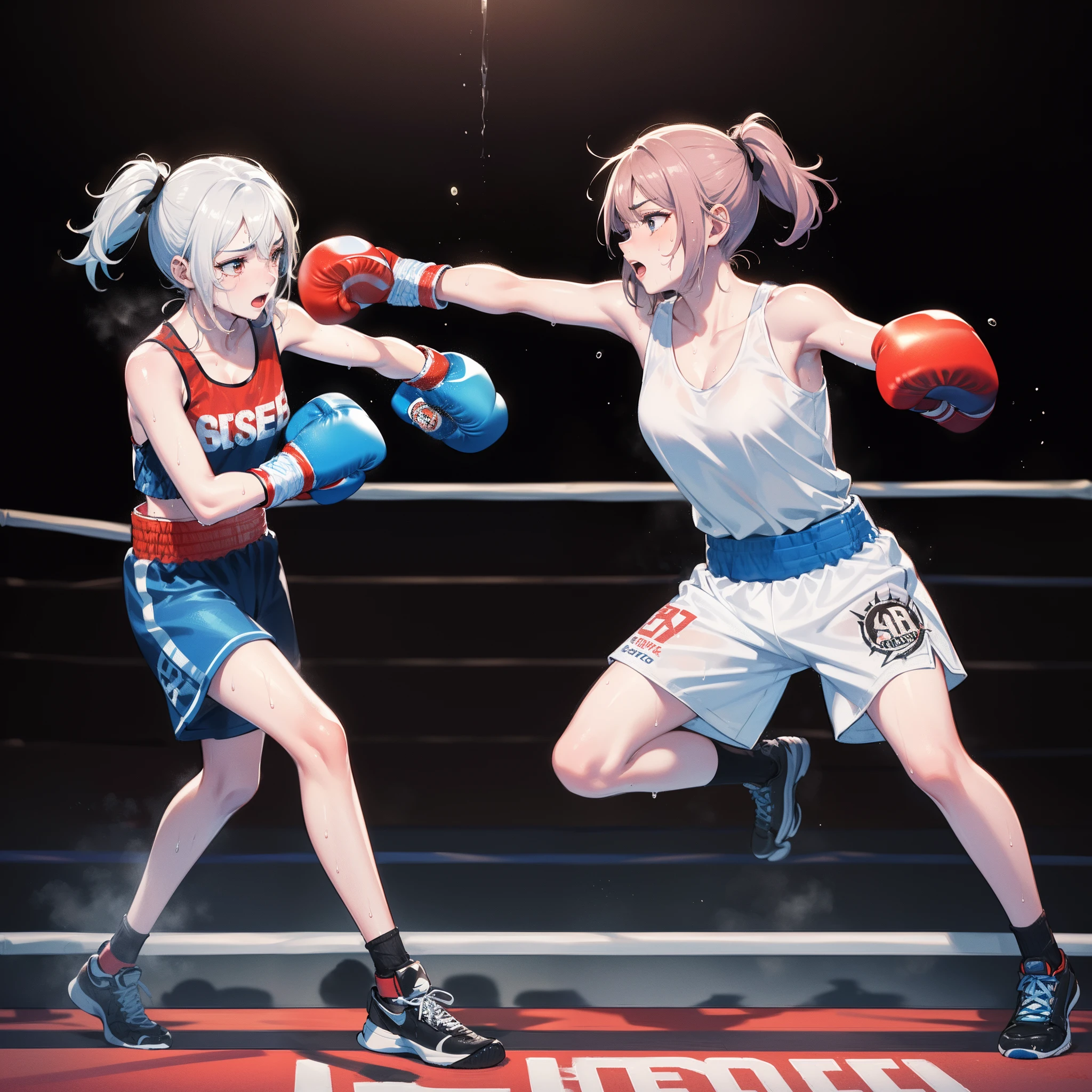 (steam:1.1),(Wet:1.1),(trembling:1.1),(Sweat:1.4),BRAKE sparring:1.3,(teens girl,boxing:1.6),(2 girl),Boxer,action:1.6,dynamic pose,BRAKE dynamic angle,low angle,full body shot,medium shot,BRAKE (4K), (Raw photo: 1.2), (Realism: 1.4), (masutepiece: 1.3), (exquisite detailing: 1.2), Delicate and beautiful details, (Eye Detail), (Facial Detailed), (Highest Quality:1.4), (Hyper-Resolution: 1.2), (very detailed illustration),