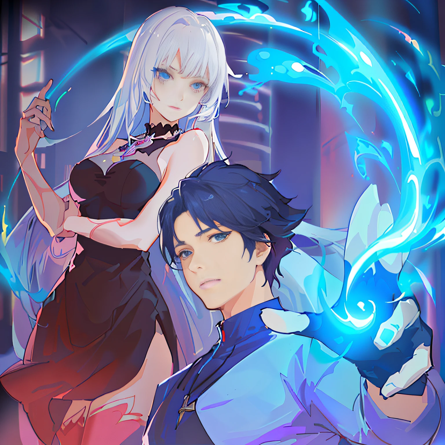 Anime characters in a dark room with blue light, arcane art style, anime in fantasy style, anime key art, key art, sakimichan and frank franzzeta, Detailed key anime art, akehiko inoue and ross tran, hero 2 d fanart artsation, zerochan art, Game art!!, Key anime art, 2d art cover,beautidful eyes,Delicate smooth skin,Super meticulous