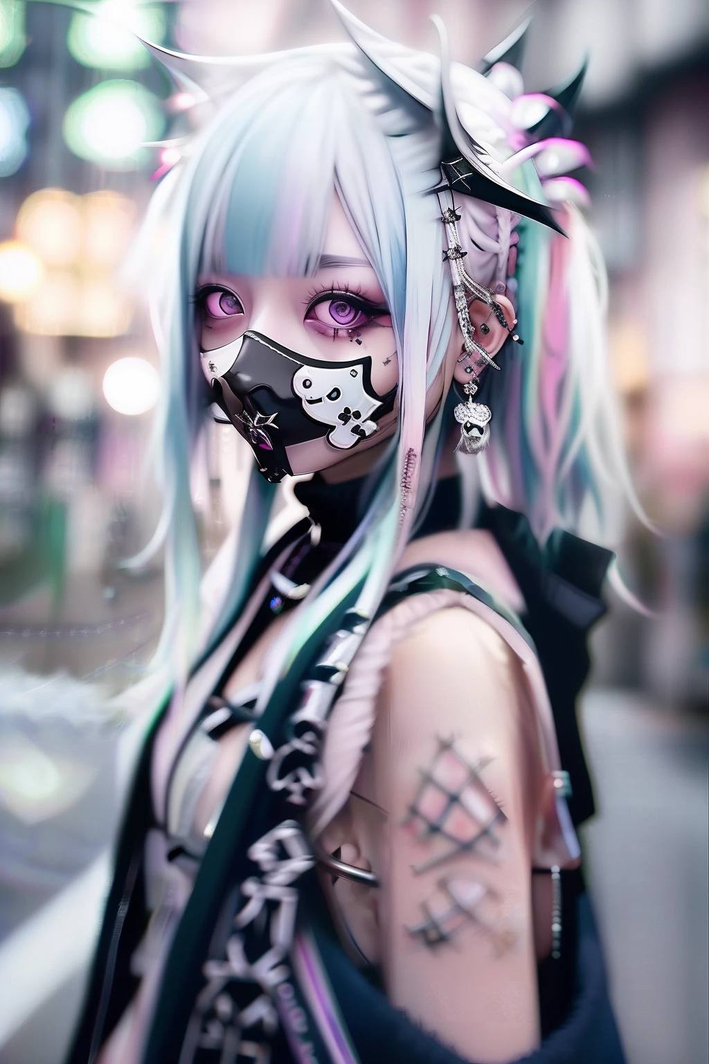 🏴‍☠️、skull、☠️、Green hair color、❤️、Pink hair、blue hairs、Colorful Hair Color、goth_punk, 1girl in, 独奏, medium shot, Walking in Harajuku, ((during night)), bokeh dof, Neon light, Iridescent eyes, starrysky, White shiny hair, White eyebrows, Radiant hair, (iridescent white hair), 耳Nipple Ring, bangss, jewely, masks, bluntbangs, verd s eyes, Mouth mask, blurry backround, bblurry, hair adornments, Look at viewers, shorth hair, portraitures, side locks