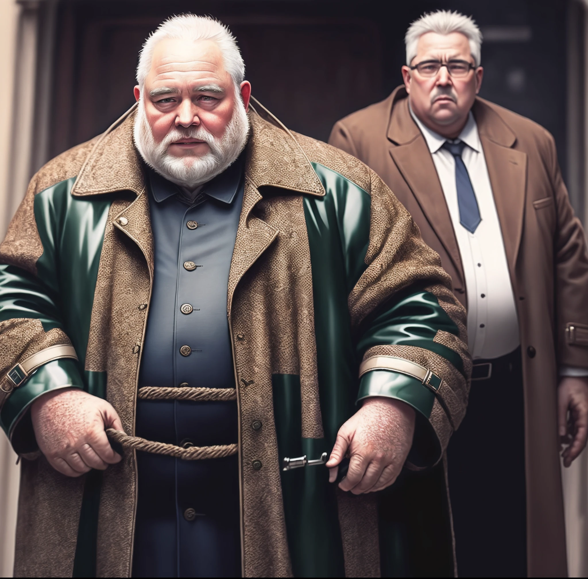 Fat old man in latex coat tied up