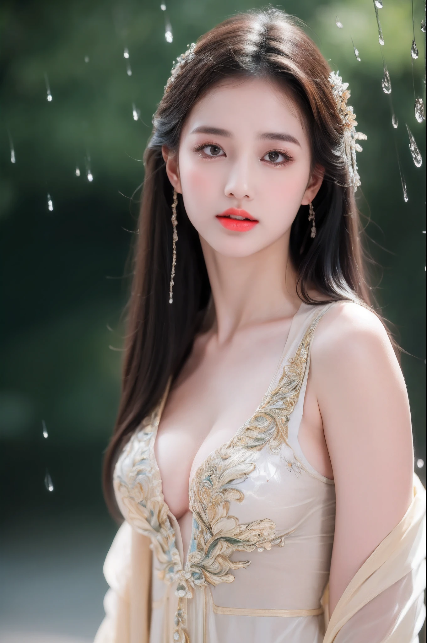 ((Best Quality, 8k, Masterpiece: 1.3)), Focus: 1.2, Perfect Body Beauty: 1.4, Buttocks: 1.2, ((Layered Haircut)), (Wet Clothes: 1.1), (Rain, Street:1.3), (Breasts: 1.2), (Hanfu: 1.2), Bare Shoulders, Bare Legs, Highly Detailed Face and Skin Texture, Fine Eyes, Double Eyelids, Whitened Skin, Long Hair, (Shut Up: 1.5), (Bokeh Background: 1.5), Big Breasts