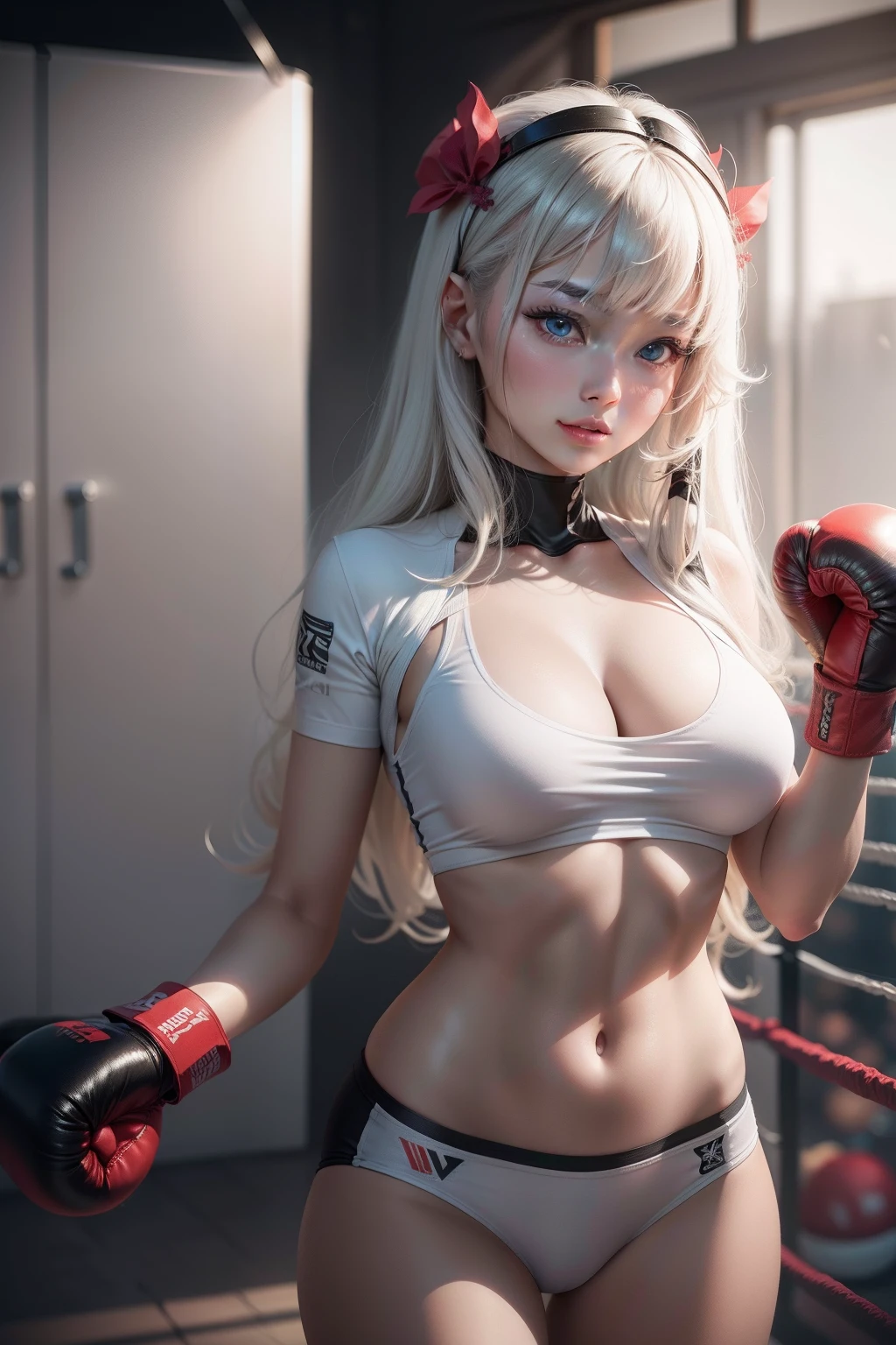 Haiyi - Robot
Wen Sheng diagram
Sea Art 2.0
13:12:01
masterpiece，top Quority，（realisticlying，realisticlying：1.4），（RAW photos：1.2），Very delicate CG Unity 8K wallpaper，very delicate beautiful，Wonderful，The attention to detail，offcial art，absurderes，Incredibly Ridiculous res，huge tit，Very fine，very refined，Beautiful eyes and face，Beautiful delicate eyes，light in face，one-girl， long whitr hair，He smiled contemptuously （pompons） nabel， The upper part of the body， short sleeve T-shirts， boxing gloves， Naked， By bangs， Boxing gym， Boxing ring， ULZZANG-6500-v1.1