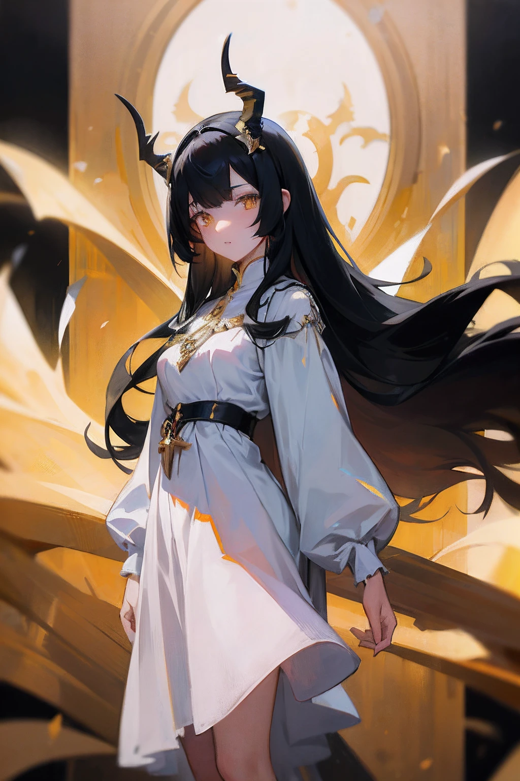 anime girl with long black hair and horns in a white dress, artgerm and atey ghailan, albedo from overlord, albedo from the anime overlord, keqing from genshin impact, ayaka genshin impact, cushart krenz key art feminine, artwork in the style of guweiz, extremely detailed artgerm