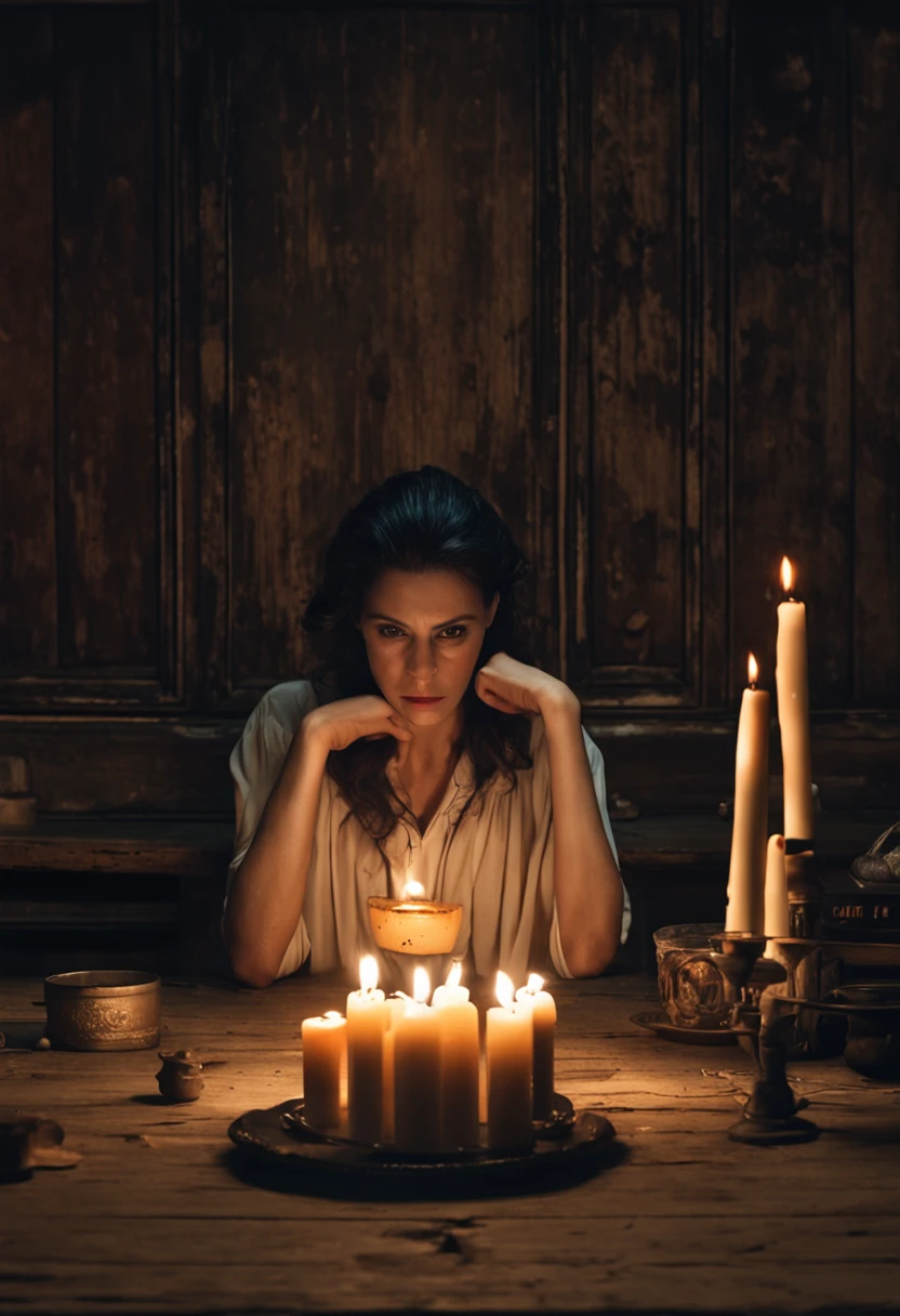 In a scene worthy of a horror movie, a sinister man sits at a dark, worn wooden table. Her hands are resting firmly on the rough surface as she holds a lighted candle that illuminates her face amidst the darkness. His piercing gaze seems to transcend the image, as if it's fixed directly on you, creating a shiver down your spine."