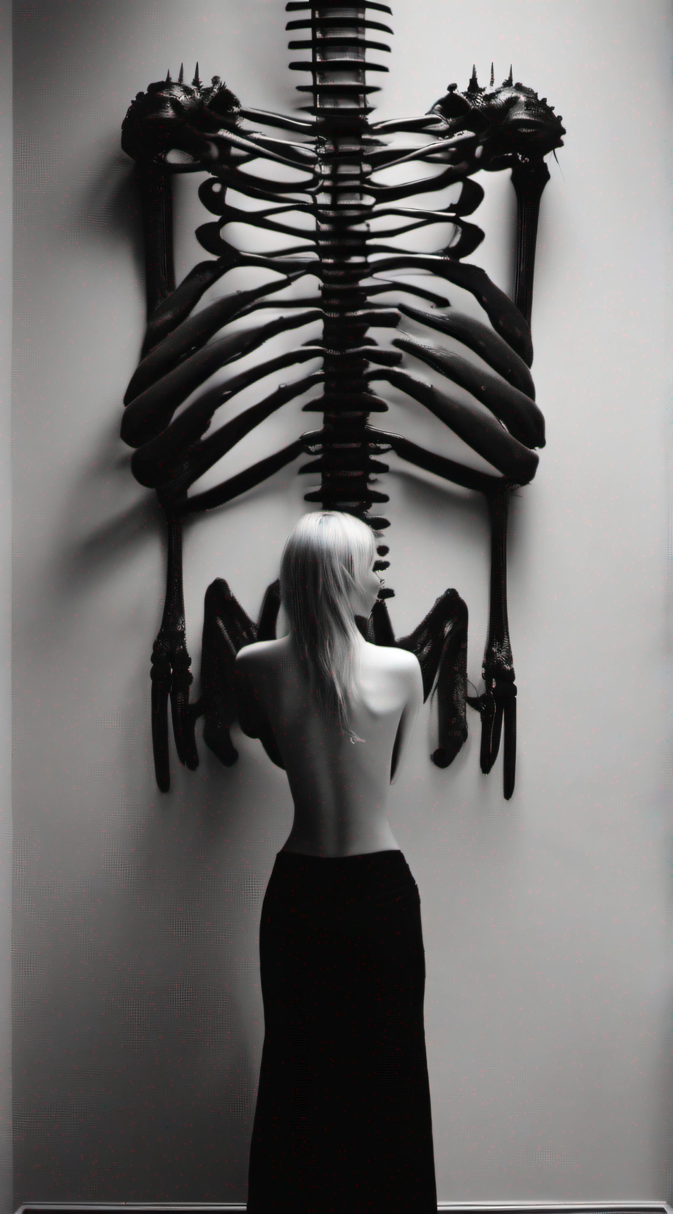 "(The best lighting, alto contraste, oscuro, dramatic),(Chica rubia junto a una cabra negra gigante, Open the rib cage, autopsia, caldero con huesos humanos, sangre por las paredes). Luz Caravaggio"