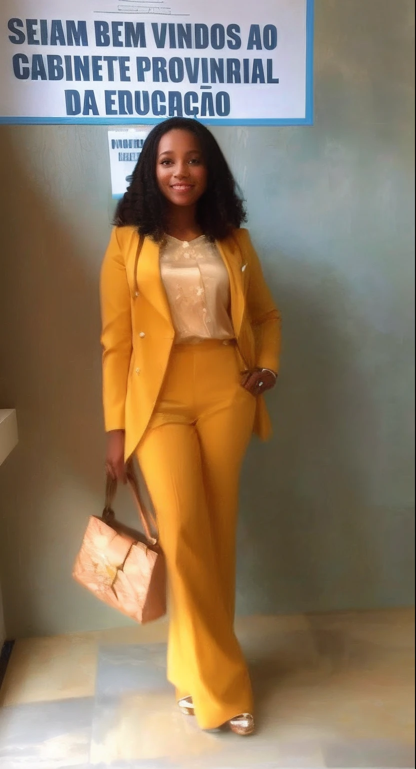 Woman in yellow suit standing in front of a sign with a bag, em um terno dourado, terno dourado, Roupas amarelas, pele amarela elegante, tonalidade amarela, com panos amarelos, em um canva amarelo, tons de amarelo, (((amarelo))), vestindo terno de moda, Roupa dourada, vestindo uma roupa elegante, business attire, Tons dourados, Cor dourada