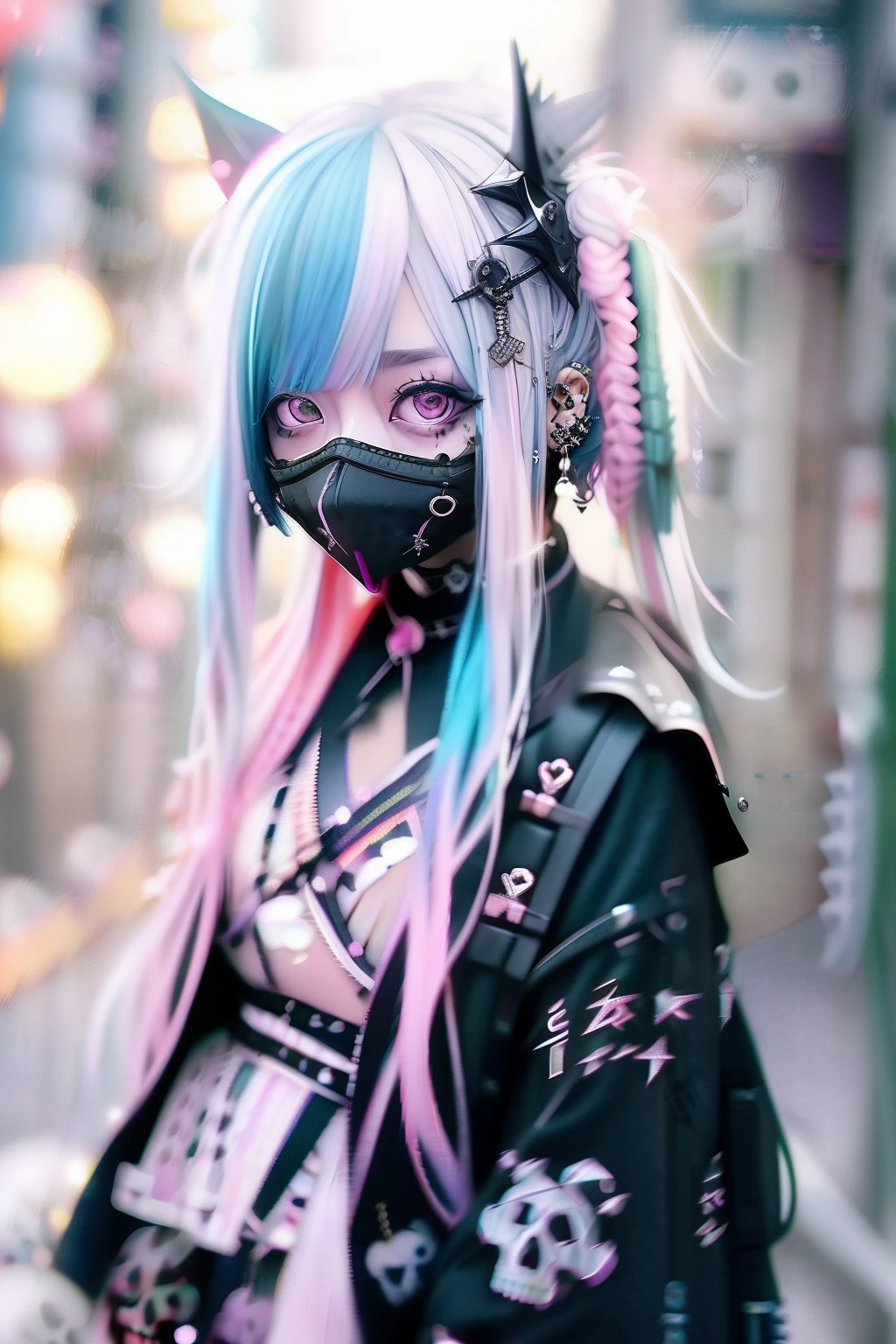 🏴‍☠️、skull、☠️、Green hair color、❤️、Pink hair、blue hairs、Colorful Hair Color、goth_punk, 1girl in, 独奏, medium shot, Walking in Harajuku, ((during night)), bokeh dof, Neon light, Iridescent eyes, starrysky, White shiny hair, White eyebrows, Radiant hair, (iridescent white hair), 耳Nipple Ring, bangss, jewely, masks, bluntbangs, verd s eyes, Mouth mask, blurry backround, bblurry, hair adornments, Look at viewers, shorth hair, portraitures, side locks