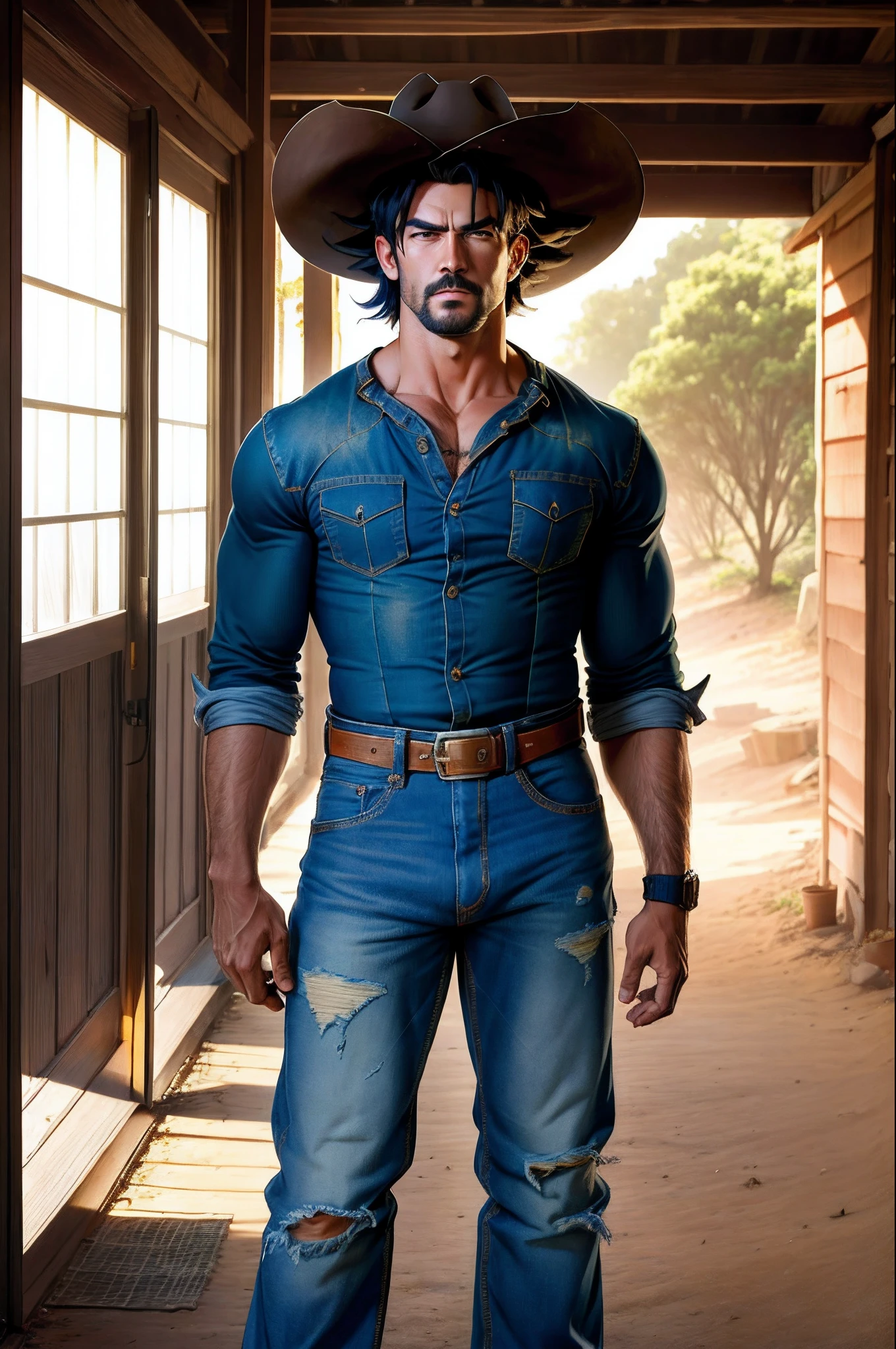 um homem latino brasileiro, cabelo curto e barba pequena, bigode, corpo atletico , peludo, Wearing a white tank top and black jeans, sapato preto. andando em uma casa mal-assombrada , Full of funny and horrifying ghosts, fantasmas, teias de aranha, halloween , pequenos morcegos , ao fundo a sombra de um lobisomem.