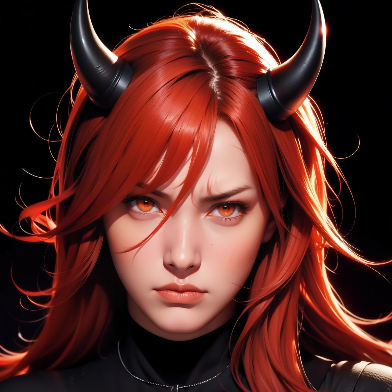 front face, angry face, female, red hair, orange eyes, black horns, black background, Orange Powers,Powers, front face
