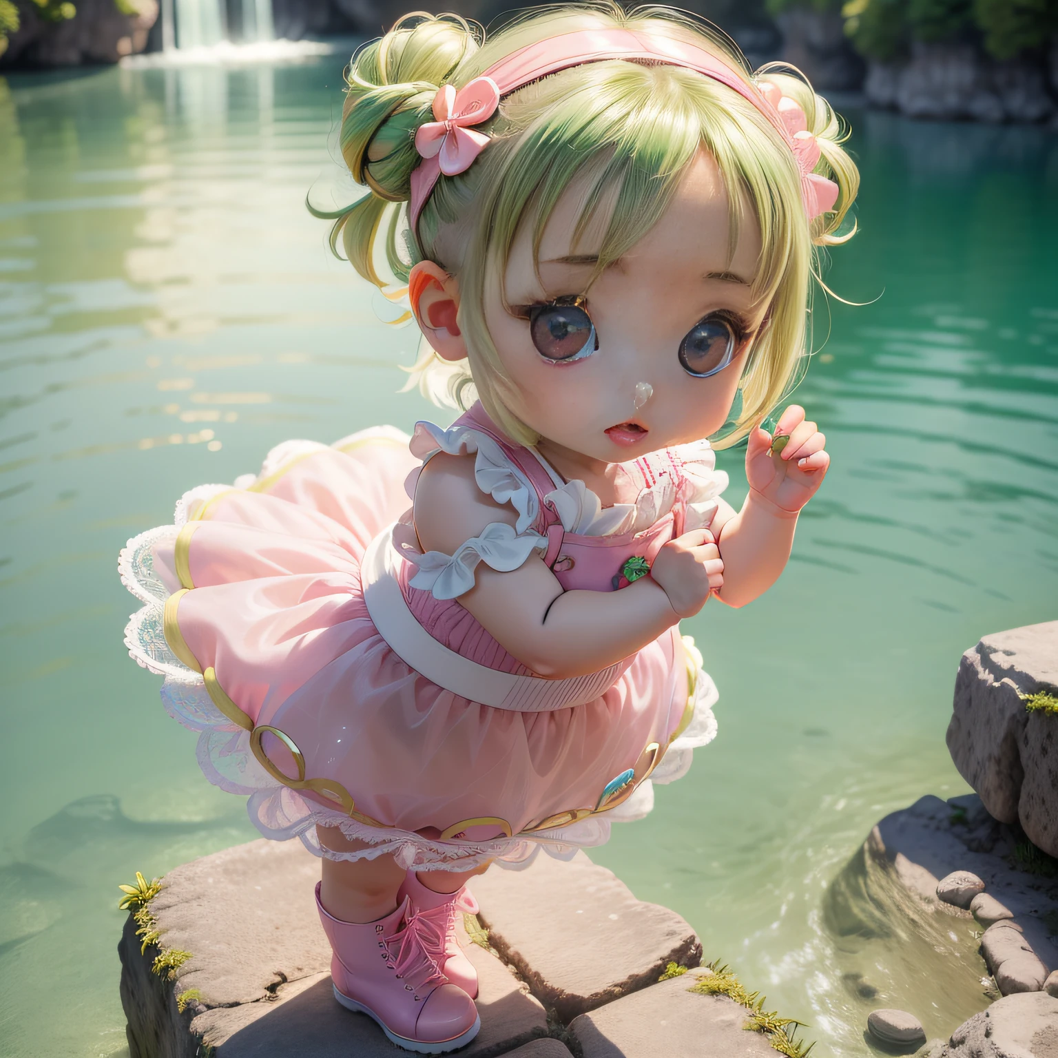 Chibi、(Cute  Chibi Anime:1.3),(Pearl green chignon hair:1.2),Full Lace Pale Pink See-Through Tight Skirt,Vivid Pink Small Bag,Pink braided boots, The Plitvice Lakes