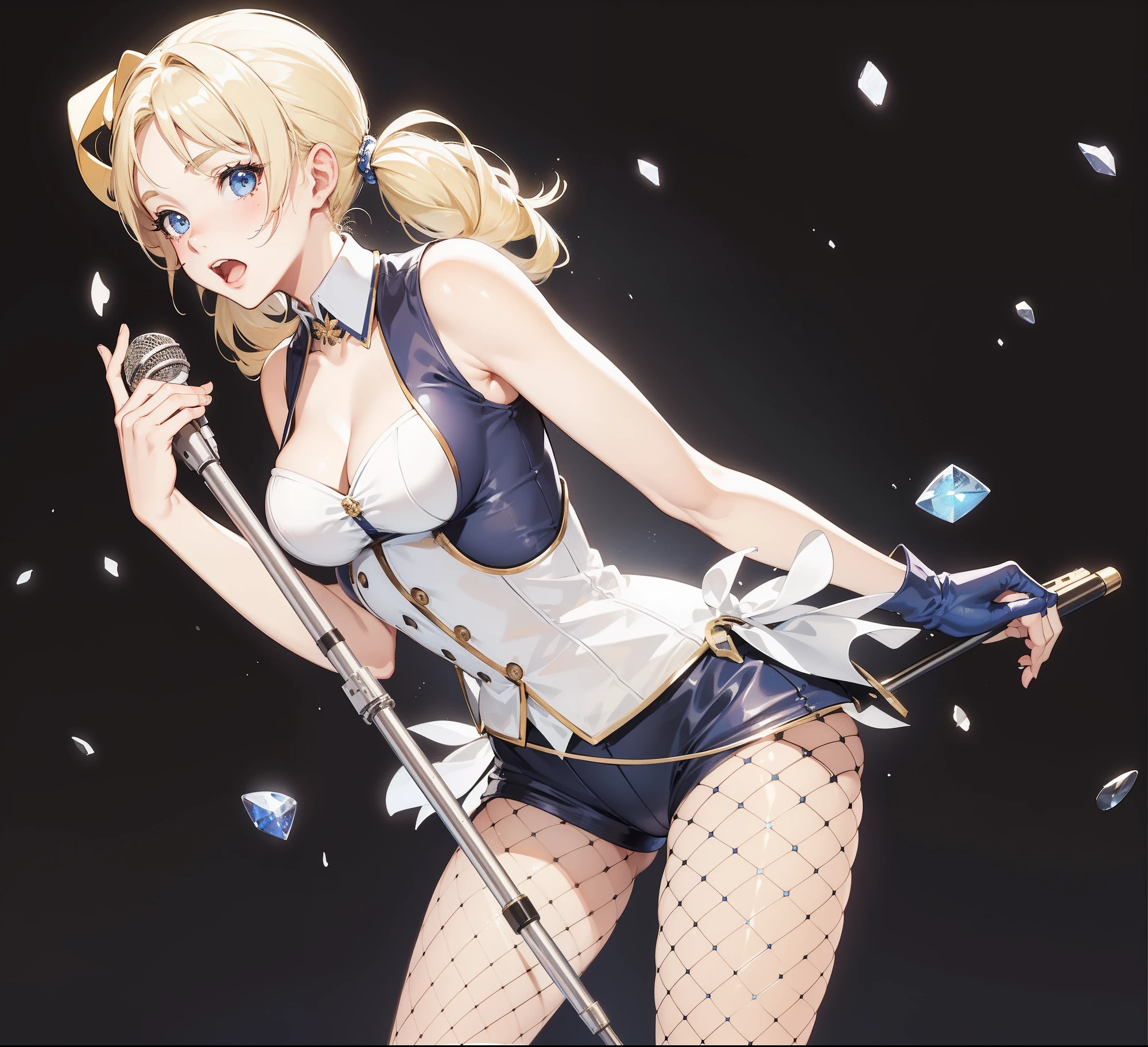 masterpiece,(bestquality),highlydetailed,ultra-detailed, blonde hair, blue eyes, medium breasts, long hair, twintails, solo, vest, fishnet legwear, pantyhose, polka dot, cleavage, microphone, microphone stand, racket.