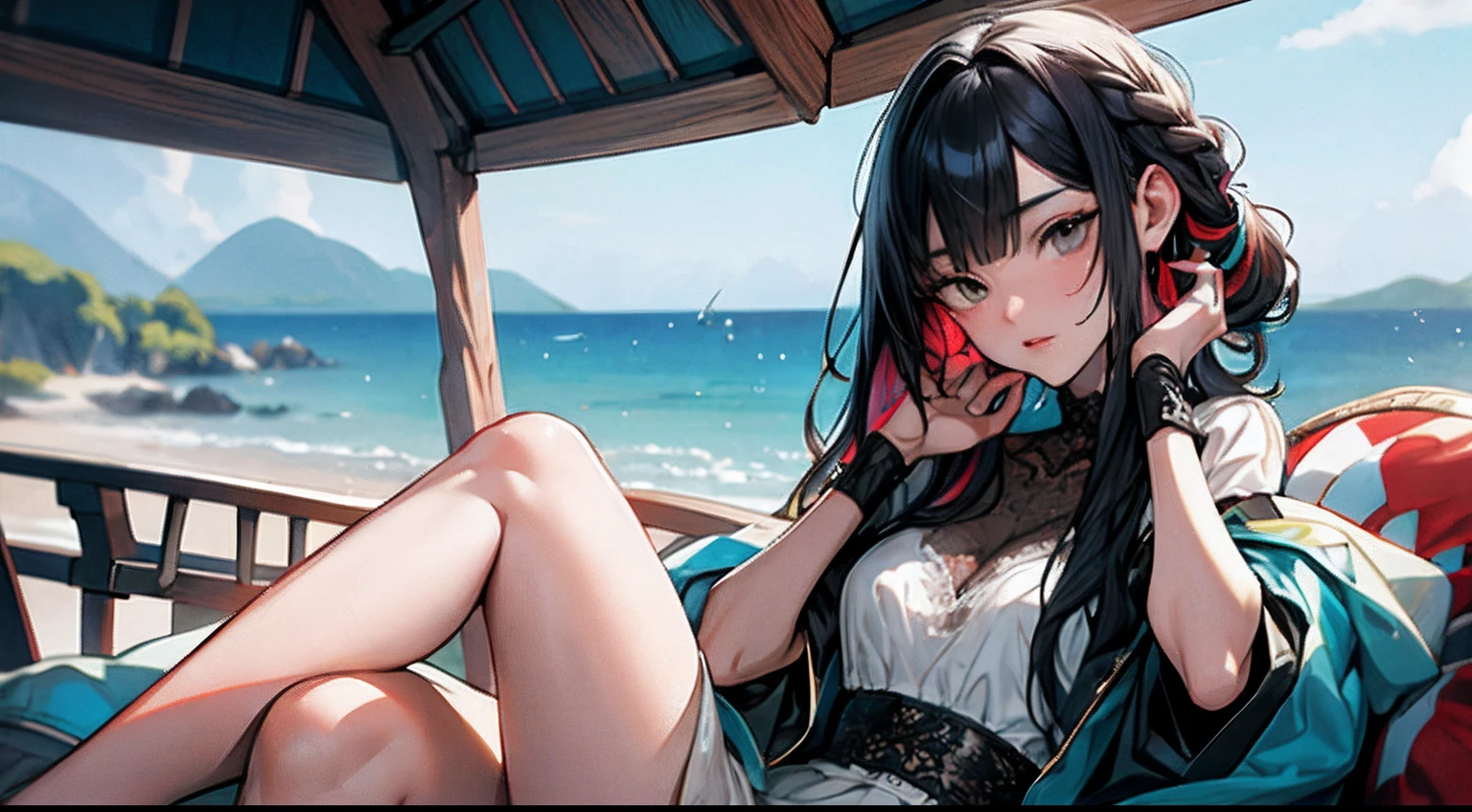 Top image quality、highestdetailed、​masterpiece、
Background with:On board、Anime Art Style、
femele、Petite、Standing、After sunburn、expresive:Beautiful face、Thin eyebrows、Young Face、
hairstyle on:French Twist、Longhaire、Multicolored hair color、
garments:Storm Jacket、see -through、Silk lace、ren、Short sleeves、
full body Esbian、Looking up at the viewer、Sitting gracefully、