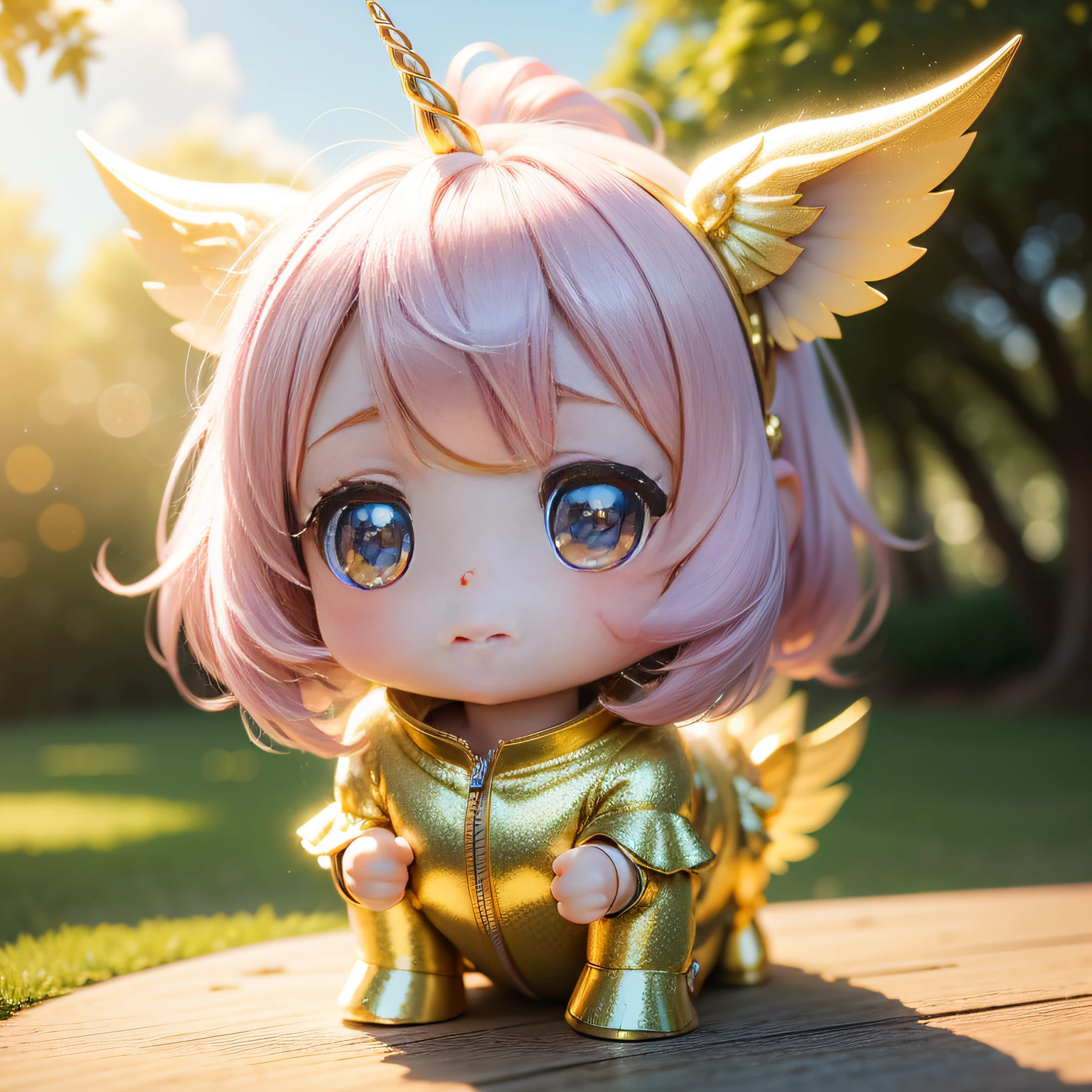 Cute Baby Chibi Anime,Glittering gold dust flutters、unicorn,Royal Botanic Gardens,suns,
