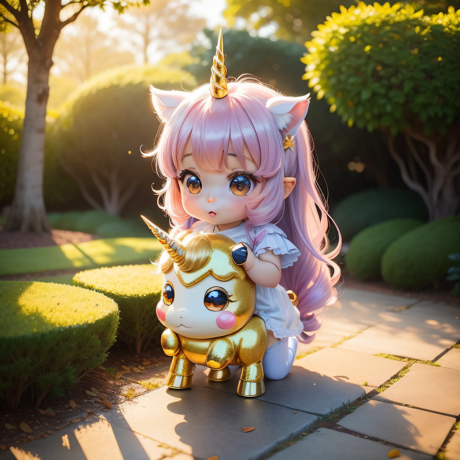Cute Baby Chibi Anime,Glittering gold dust flutters、unicorn,Royal Botanic Gardens,suns,