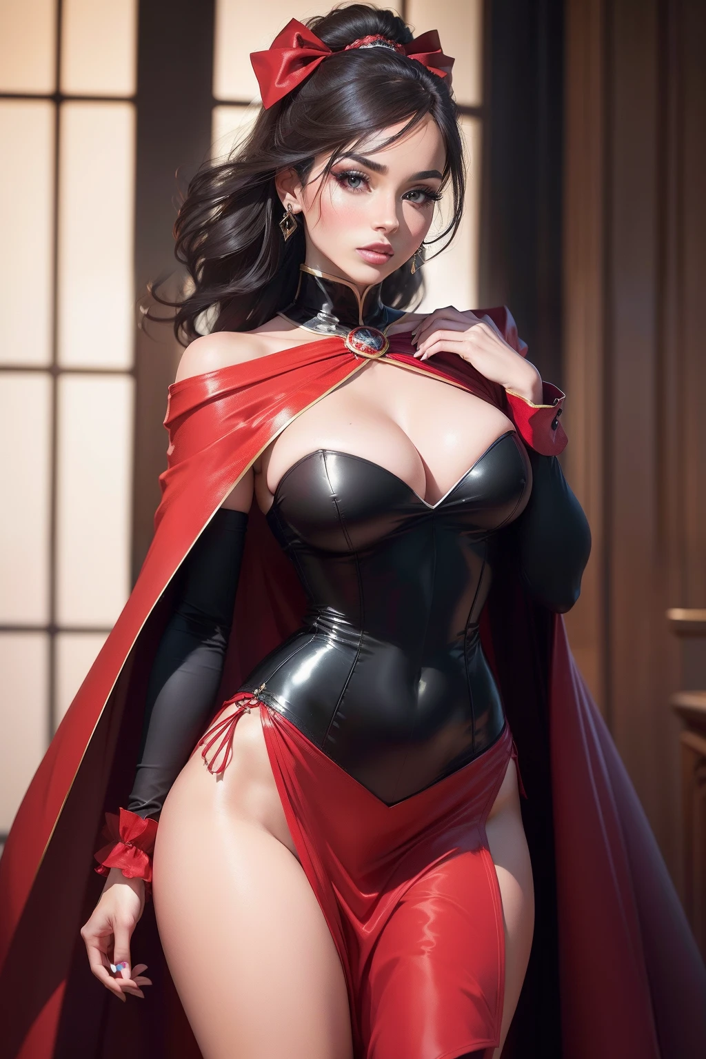 (elegant ensemble, 4K, high resolution, photo-realistic:1.3), a captivating image featuring a beautiful lady adorned in a striking outfit, showcasing her unique style and grace, (confident posture accentuating her attire:1.2), (expressive eyes radiating charm and sophistication:1.2), dressed in a vibrant yellow skirt paired with a crisp blue top and a high, pristine white collar, (bold color contrast adding visual impact:1.1), a flowing red cape draping elegantly from her shoulders, (a pop of color adding a touch of drama:1.1), a perfectly tied red bow adorning her rich ebony hair, (each element of her ensemble harmonizing beautifully:1.1), (Canon EOS 6D Mark II camera, ideal for capturing vibrant colors:1.2), (paired with a Canon EF 50mm f/1.4 USM lens:1.2), (capturing her elegance and individuality with precision:1.1), (immersing in the vibrant fashion statement:1.1), (highlighting the seamless fusion of colors and style:1.1), (the image resonating with a sense of unique fashion and timeless beauty:1.1).