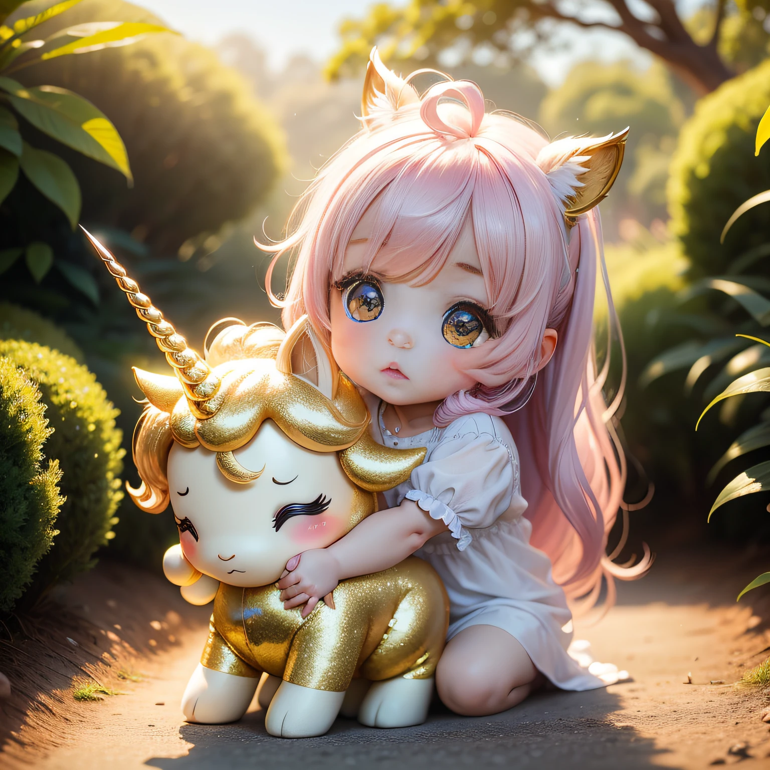Cute Baby Chibi Anime,Glittering gold dust flutters、unicorn,Royal Botanic Gardens,suns,
