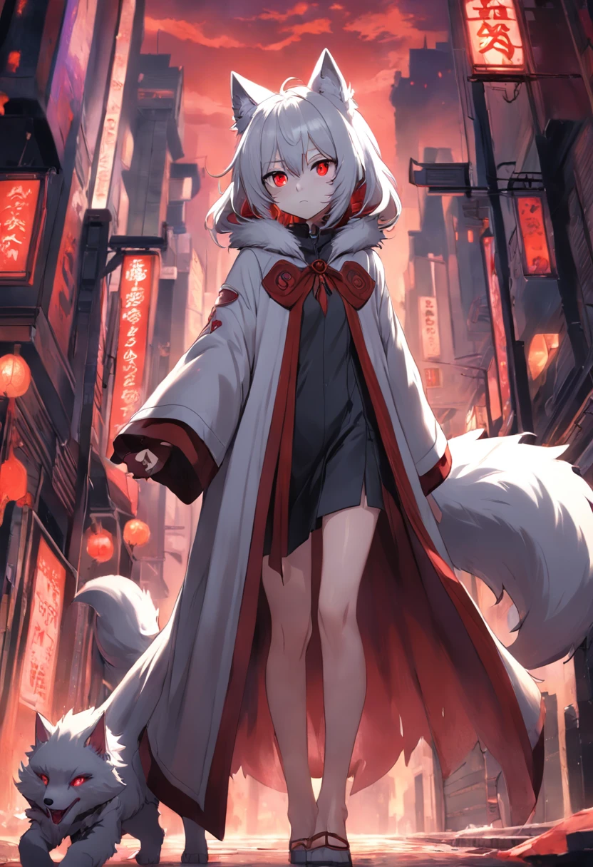 (ambiente dark:0.8) eyes with brightness, in a panoramic view, Character focus.(detailedbackground:0.7), 独奏, shaggy, Furry female, female focus, anthr,(Full Body Furry, Fluffy tail, White fur, red color eyes, Gray hair:1.2), (long canines、Vampires、cloaks：1.2），（interiors、the night、borgar、casket：1.1）
