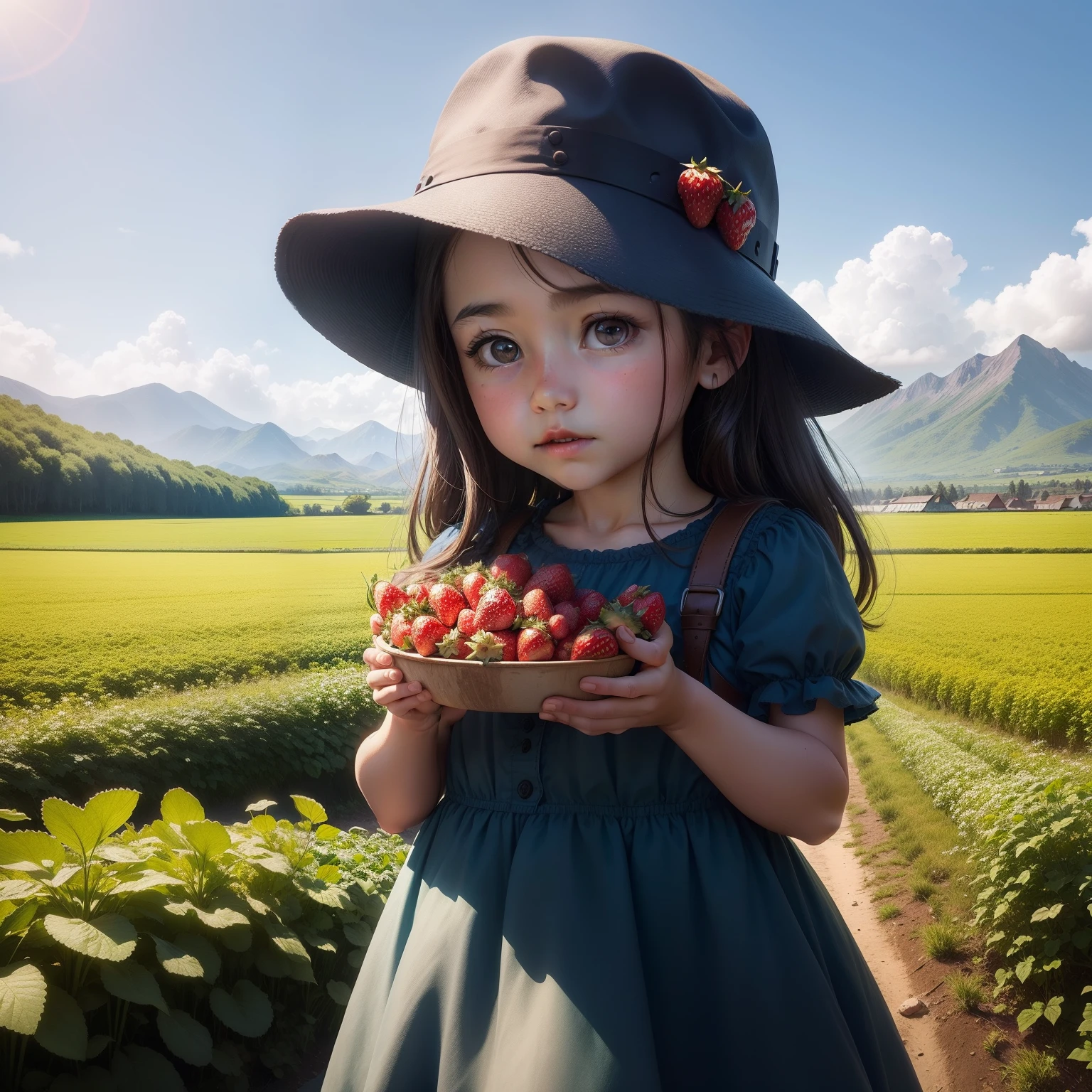 The little girl is sweet, Pick strawberries in a strawberry field, Far Mountain, Blue sky, k hd, meticuloso.