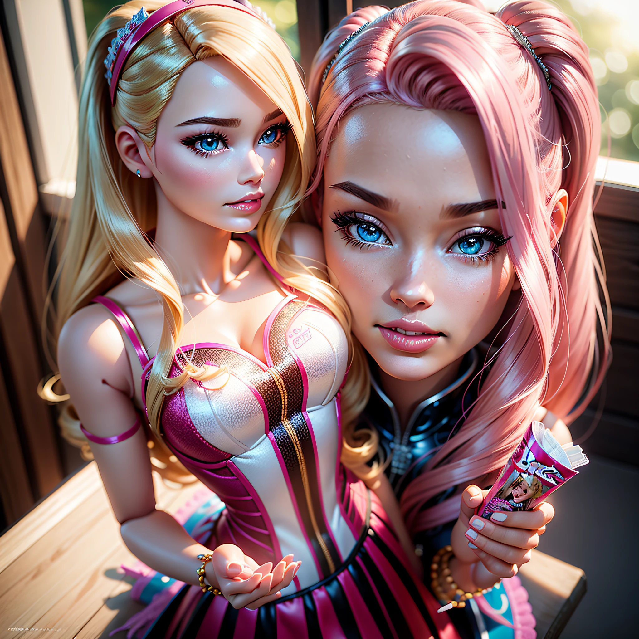 (Barbie explaining the products of Barbie dolls)、Magazine Advertising、Product List、Masterpiece、A hyper-realistic、Highly detailed background,Realistic,ultra-detailliert,super detailed skin,light glow,Film grain,Expro II,Lens Flare,Sharpen,cinematic shadow