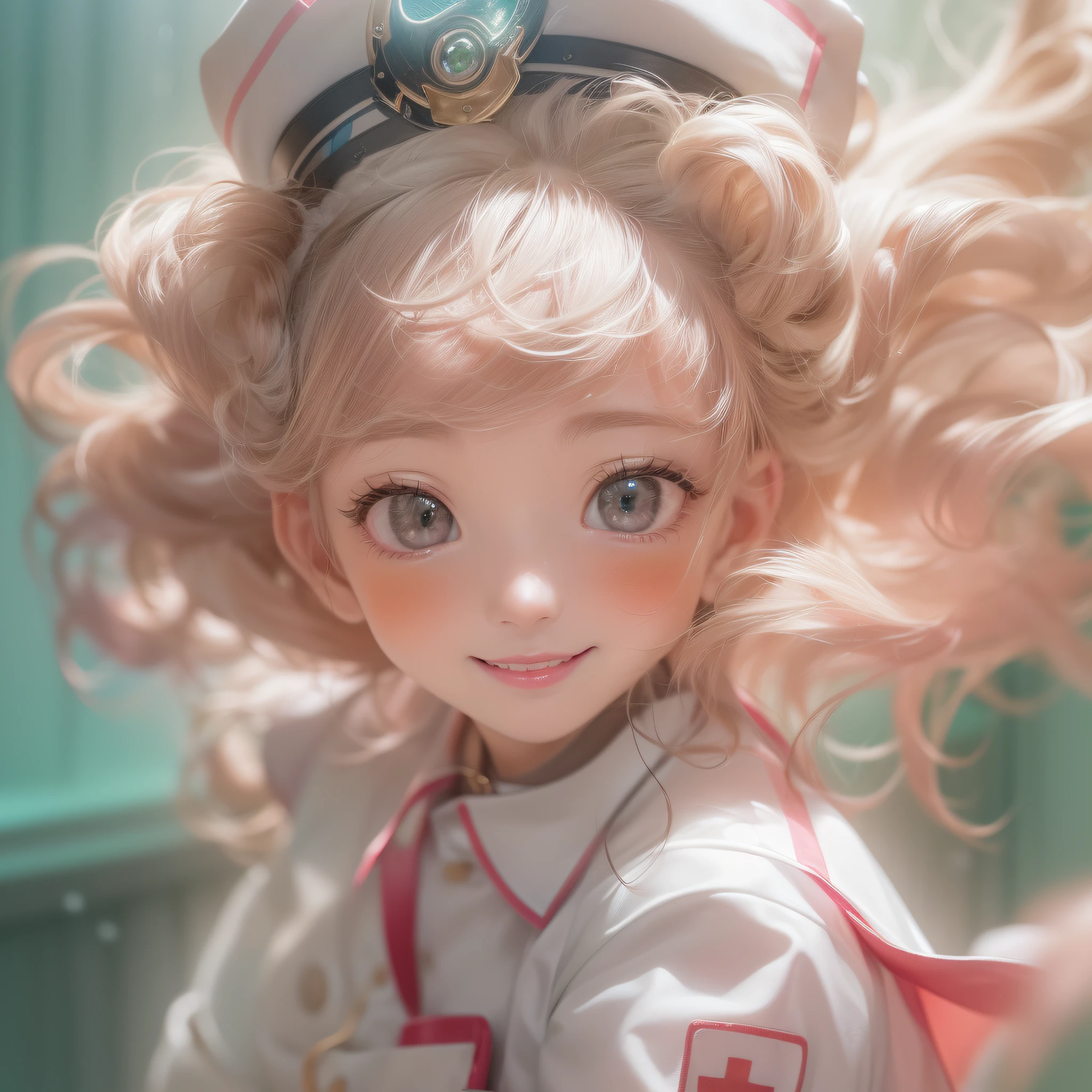 ((((((Full body)))))、Hospital room、Close up of a smile with the corners of the mouth raised、Nurse、Nurse Costume、Cosplay、(realisitic、hight resolution)、(1 girl in)、Nurse、Do-Up Eye、Korean Girl、(Best Quality), (masutepiece), (1girl in), Solo, a beauty girl, Perfect face, Big Breast,dreamlikeart、Highly detailed airbrush art((Surreal))、Volumetric lighting、(top-quality)、The ultra-detailliert、(The composition of the movement:1.4)、Highly detailed colorful details、(Bright lighting)、dynamic compositions、Ray traching、The mirror reflects light、Shallow depth of field、ultra-detailliert、mixing exposure、nffsw、Her eyes are glowing pink、Staring at the pink sea。Her pink face is full of anticipation and courage for a nurse.、A smile appears on the lips of a nurse。 At the rear、The sun is slowly tilting to the west。Its light brings nurse light to the sea surface、The swaying waves create a beautiful scene。Her eyes are clearly glowing pink。Lots of pink