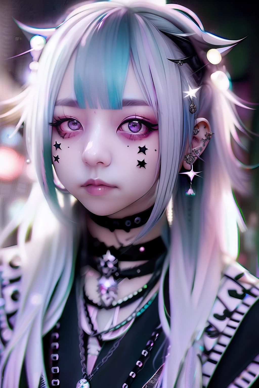 A dark-haired、black hair、🏴‍☠️、skull、☠️、Green hair color、❤️、Pink hair、blue hairs、Colorful Hair Color、goth_punk, 1girl in, 独奏, medium shot, Walking in Harajuku, ((during night)), bokeh dof, Neon light, Iridescent eyes, starrysky, White shiny hair, White eyebrows, Radiant hair, (iridescent white hair), 耳Nipple Ring, bangss, jewely, masks, bluntbangs, verd s eyes, Mouth mask, blurry backround, bblurry, hair adornments, Look at viewers, shorth hair, portraitures, side locks