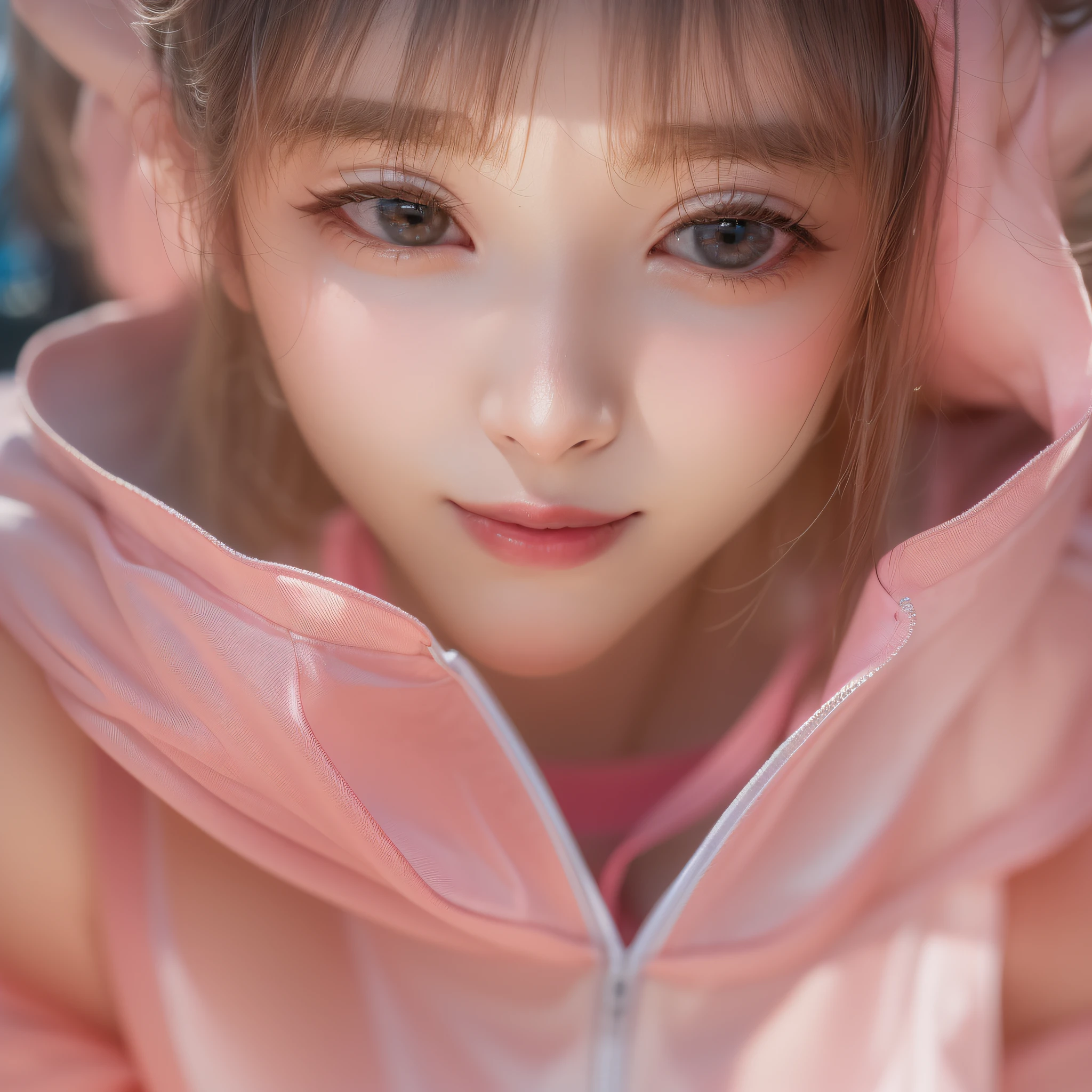 ((((((Full body)))))、Close up of a smile with the corners of the mouth raised、athlete、athletic field、(Gym Clothes Costume:2.0)、Cosplay、(realisitic、hight resolution)、(1 girl in)、track and field athlete、Do-Up Eye、Korean Girl、(Best Quality), (masutepiece), (1girl in), Solo, a beauty girl, Perfect face, Big Breast,dreamlikeart、Highly detailed airbrush art((Surreal))、Volumetric lighting、(top-quality)、The ultra-detailliert、(The composition of the movement:1.4)、Highly detailed colorful details、(Bright lighting)、dynamic compositions、Ray traching、The mirror reflects light、Shallow depth of field、ultra-detailliert、mixing exposure、nffsw、Her eyes are glowing pink、Staring at the pink sea。Her pink face is full of anticipation and courage for victory.、A smile appears on the lips of an athlete。 At the rear、The sun is slowly tilting to the west。Its light brings sunlight to the surface of the sea、The swaying waves create a beautiful scene。Her eyes are clearly glowing pink。Lots of pink