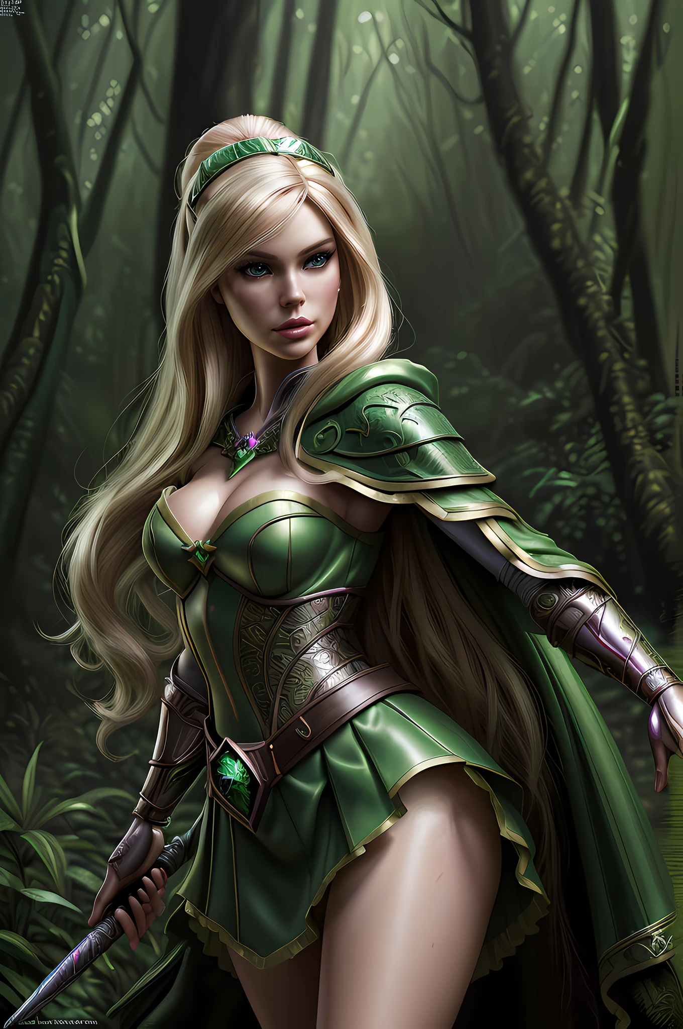 an oil painting of Barbie as fantasy ranger, ultra detailed face, ultra feminine, wearing green cloak, in  a forest, D&D art, RPG art, ultra best realistic, best details, best quality, 16k, [ultra detailed], masterpiece, best quality, (extremely detailed), ultra wide shot, photorealism, depth of field, hyper realistic painting