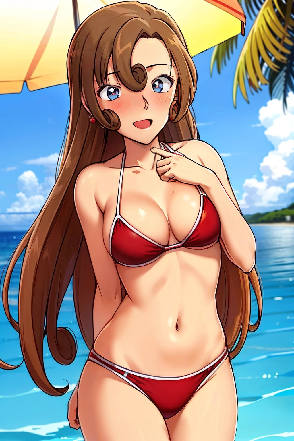 Masterpiece,Best quality,High quality,1girll, Long hair,Medium breasts,nose blush,Earrings, cheerfulness,perspire,Be red in the face,The blush is red,sexyposture,the ocean,sand,sea beach,The tree,rays of sunshine,suns,Skysky,swim wears