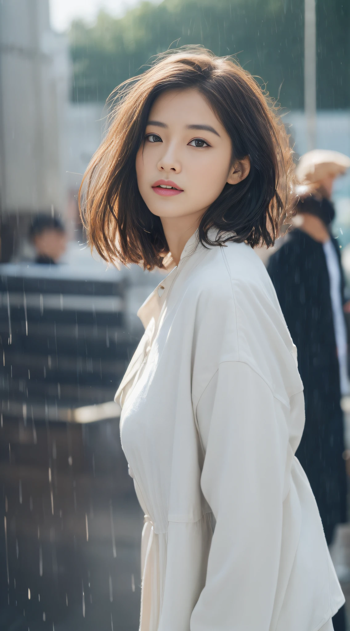 ((Best Quality, 8K, Masterpiece:1.3)), Focus: 1.2, Perfect Body Beauty: 1.4, Buttocks: 1.2, ((Layered Haircut, Breasts: 1.2)), (Wet Clothes: 1.1) , (Rain, Street:1.3), Bandeau Dress: 1.1, Highly Detailed Face and Skin Texture, Delicate Eyes, Double Eyelids, Whitened Skin, Long Hair