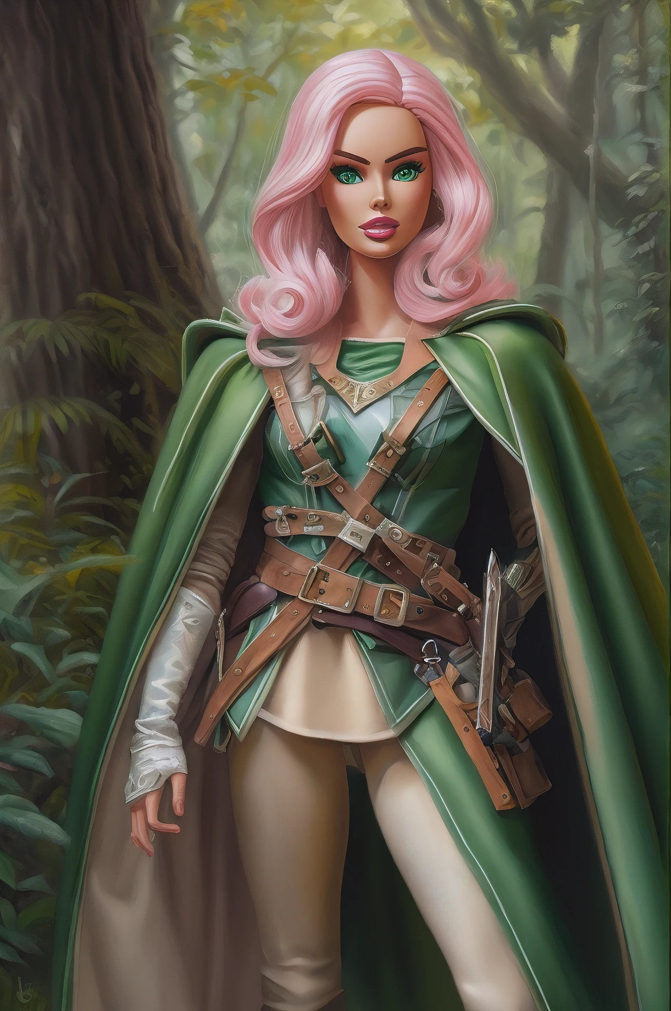 an oil painting of Barbie as fantasy ranger, ultra detailed face, ultra feminine, wearing green cloak, in  a forest, D&D art, RPG art, ultra best realistic, best details, best quality, 16k, [ultra detailed], masterpiece, best quality, (extremely detailed), ultra wide shot, photorealism, depth of field, hyper realistic painting
