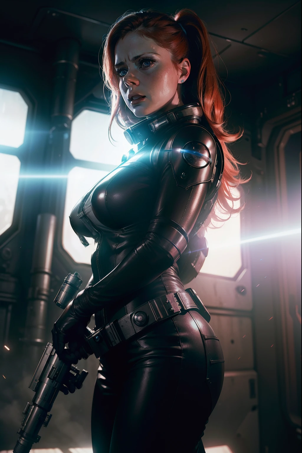 Hot terrified Amy Adams holding a sci fi blaster on Ishimura Horror Space Ship photography, natural light, photorealism, cinematic rendering, ray tracing, the highest quality, the highest detail, Cinematic, Third-Person View, Blur Effect, Long Exposure, 8K, Ultra-HD, Natural Lighting, Moody Lighting, Cinematic Lighting