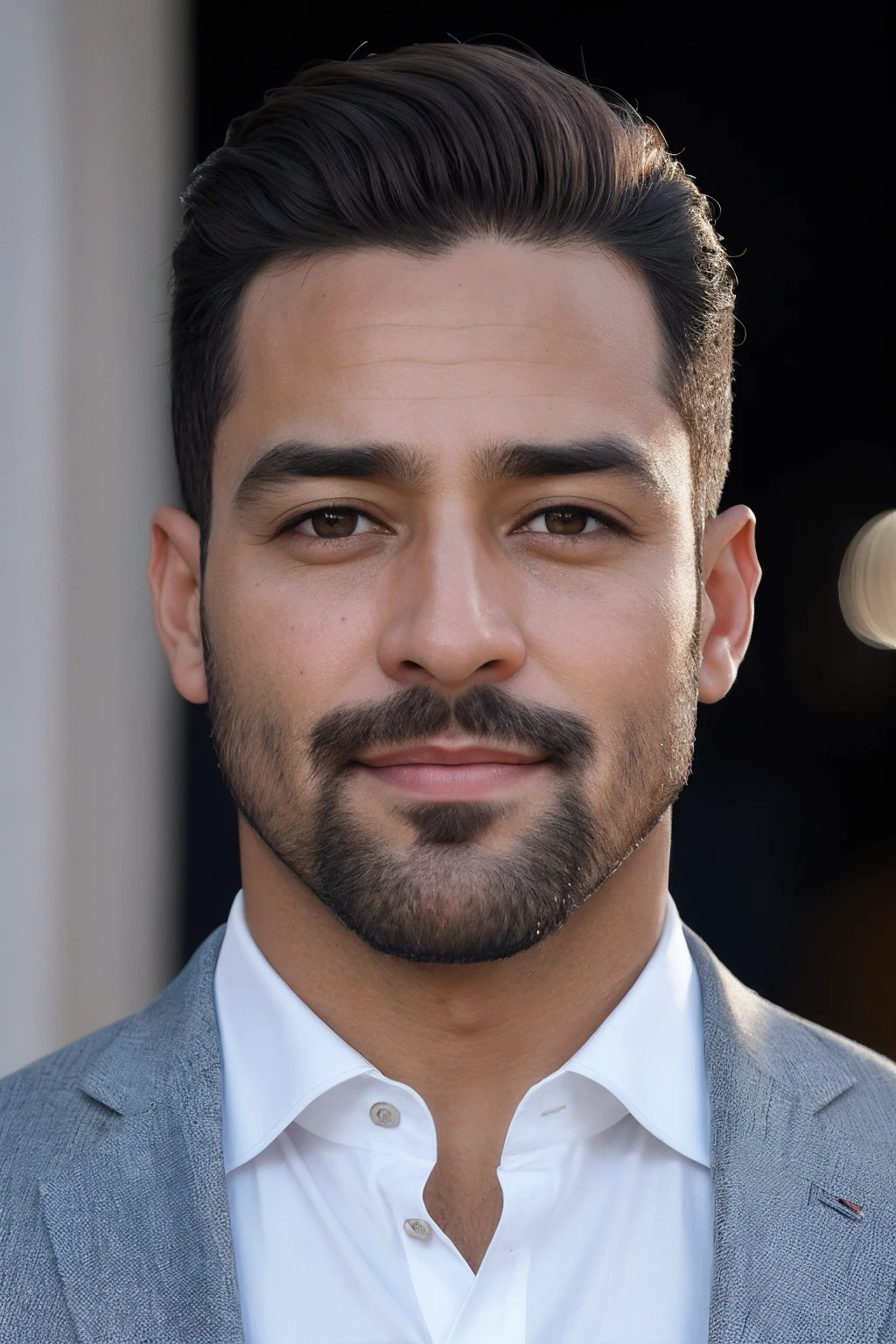 ((fotorrealista, de alta qualidade, obra-prima, cinematic composition, slow-motion)) (Homem do sexo masculino, Average photo of a businessman, Man with serious face, olhando para frente, Body FACING the camera , barba, cabelos grisalhos:1.2), homem vestindo terno, (realista e detalhada|terno e gravata:1.1), (visible face:1.3), (Fisionomia fotorrealista|olhos|irises|pele|Musculatura, pele detalhada, textura da pele, pele natural), Perspectiva frontal, pose imponente e determinada, Looking forward with determination, skin imperfections, rugas naturais da pele, manchas naturais da pele, roupas altamente detalhadas, detalhes abundantes, detalhes intrincado, rugas realistas na roupa, office landscape, Radiant lighting, Sombras profundas, tons de azul e cinza, Nenhum outro personagem na cena, detalhes abundantes|intrincado, volumeric lighting, (Detailed lighting), (reflexos de luz detalhados no terno:1. 1), 8k, altamente detalhado, UHD, HDR, photorealistic facial expression|penteado, homem novo com rosto e nariz fino, close-up: chest and head. Homem de barba, looks into the camera, bonito rosto atraente, rosto masculino bonito, retrato frontal, rosto bonito perfeito, Jovem com rosto bonito, bonito rosto detalhado, rosto bonito e rosto bonito, cinematic portrayal, Rosto Masculino, Homem magro com pele bronzeada clara.