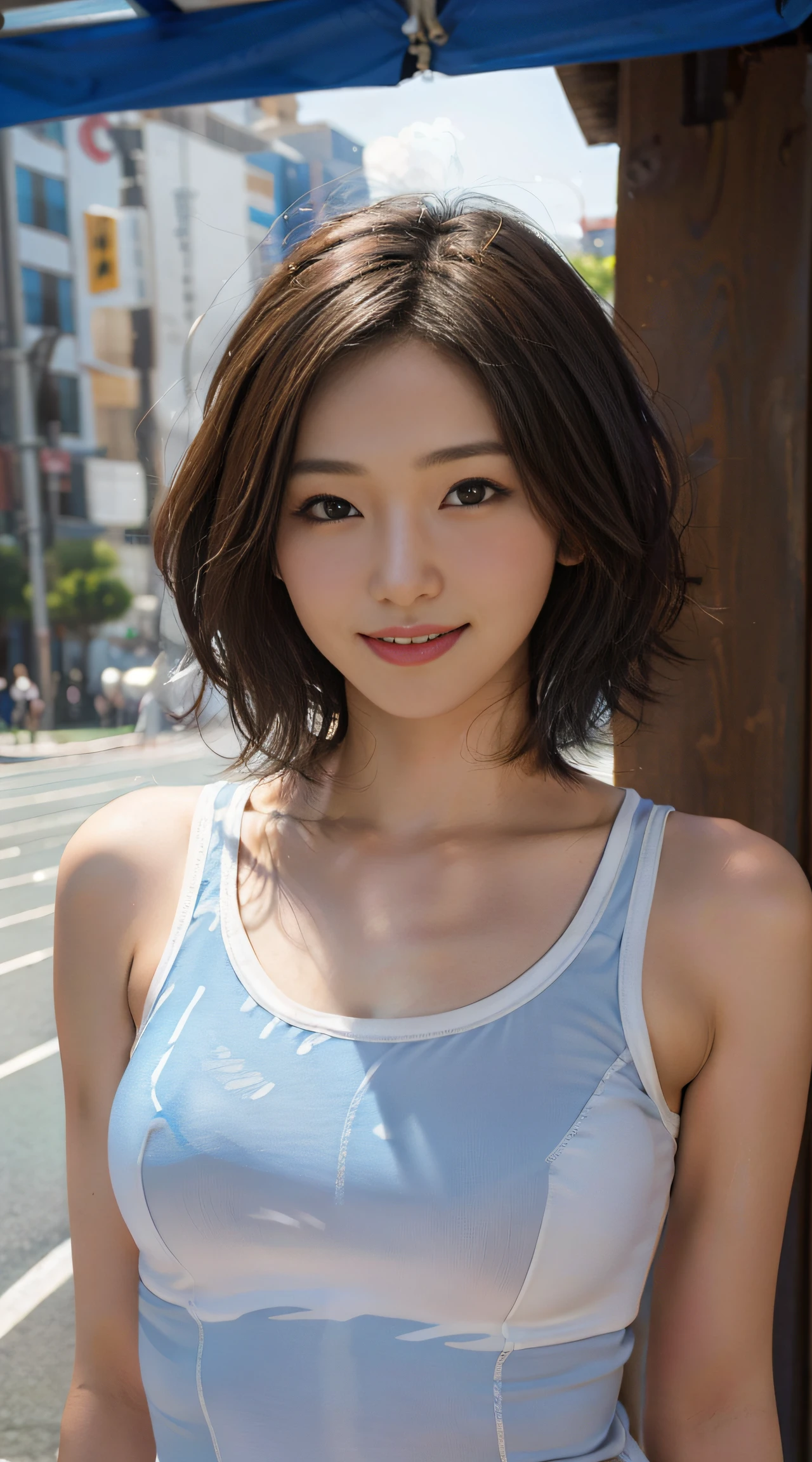 (Best quality, 8k, 32k, Masterpiece, UHD:1.2),Photo of Pretty Japanese woman,black short hair,beauty face,(leaning forward:1.3),squatting,(from above:1.2),(close up:1.4),pov,loose t-shirt,large breasts,(beautiful nipple slip:0.9),outdoors,windy,shiny skin,blurry background,