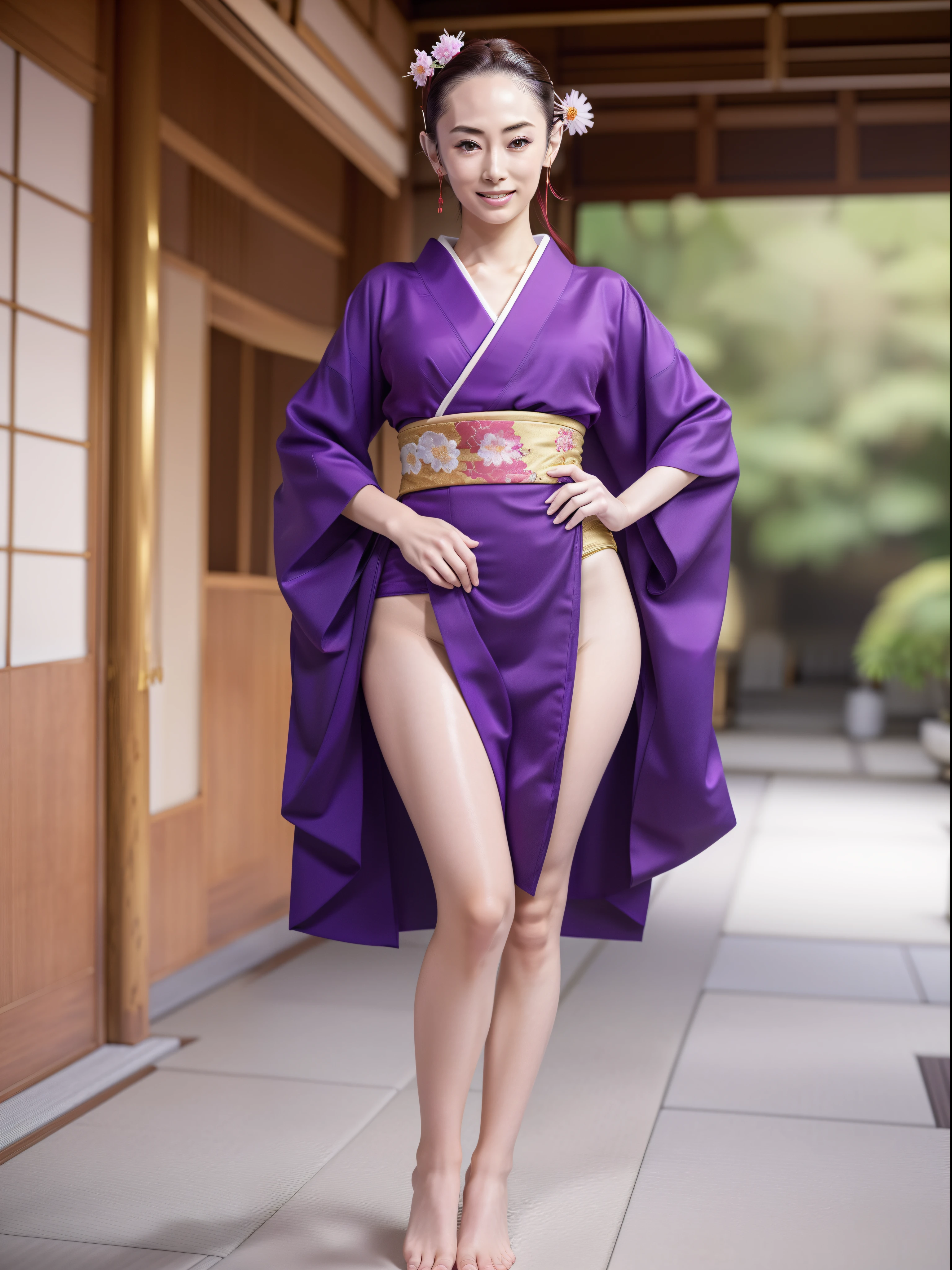 1girl, RAW photo, ultra high resolution,(Photorealsitic:1.4), A dark-haired, Smile, Bright pupils, high detailing, Realism, Fujicolor, Image Fill, viewfinder, Eye-Level Shot, 8K, Super Detail, UHD, Retina, masterpiece, Anatomically correct, Textured skin, high details, High quality, awardwinning, Best Quality, hight resolution, Top image quality, (16K), Kimono, silk fabric, japanese, Japanese clothes, (Wisteria floral pattern), Silk, Japan hair, Trailing hair, Japan beauties, Big ass, (wonderful proportions:1.8), (10 head body:1.8), Slim body, thin-waist, (Smart Standing), (Dignified atmosphere), Sense of cleanliness, (Full of elegance), Historical, heroine, refreshing, Edo style, Downtown Atmosphere, Edo-kko, Yoshiwara Geisha, 花魁, Oiran, Maiko, Juunihitoe, Premium kimono, amorous, Glossy appearance, (Long and beautiful legs:1.6), beautiful legs, (beautiful leg lines), (made in Japan:1.4), (ultra-precise rendering:1.4)
